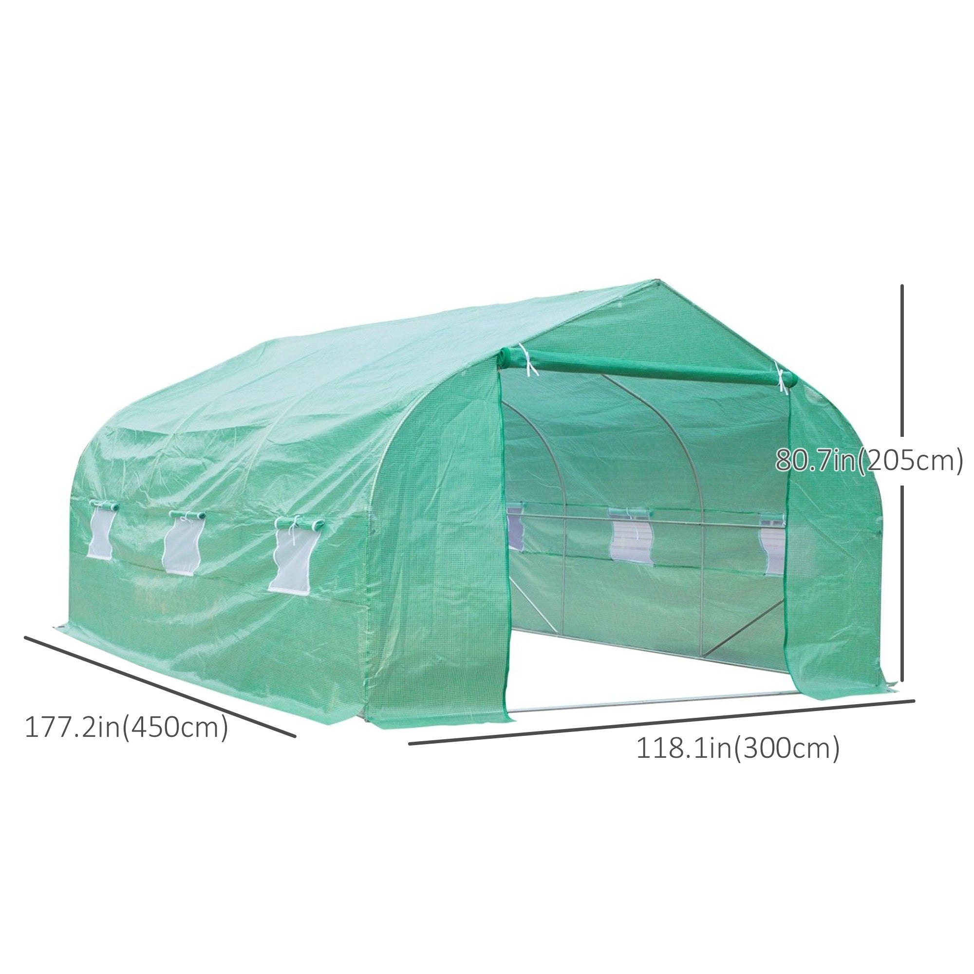 15' x 10' x 7' Walk-in Greenhouse Outdoor Plant Tunnel Warm Hot House w/ Roll Up Door and 6 Mesh Windows, Steel Frame, Green