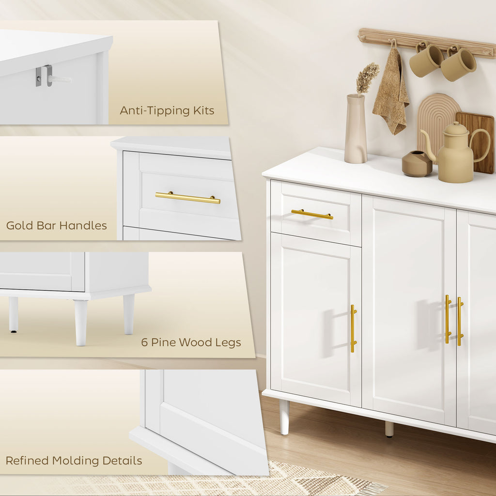 55" Buffet Cabinet with Soft-Close Doors, Modern Sideboard with 2 Drawers, 3 Adjustable Shelves and 4 Doors, White