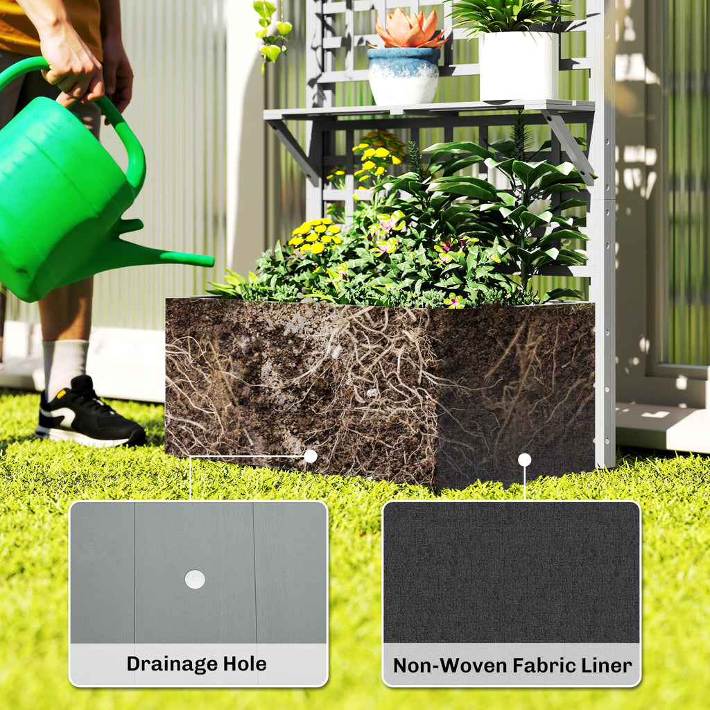 Wooden Raised Garden Bed with Trellis and Roof, Elevated Planter Box with 2 Shelves, Drainage Hole and Liner, Grey
