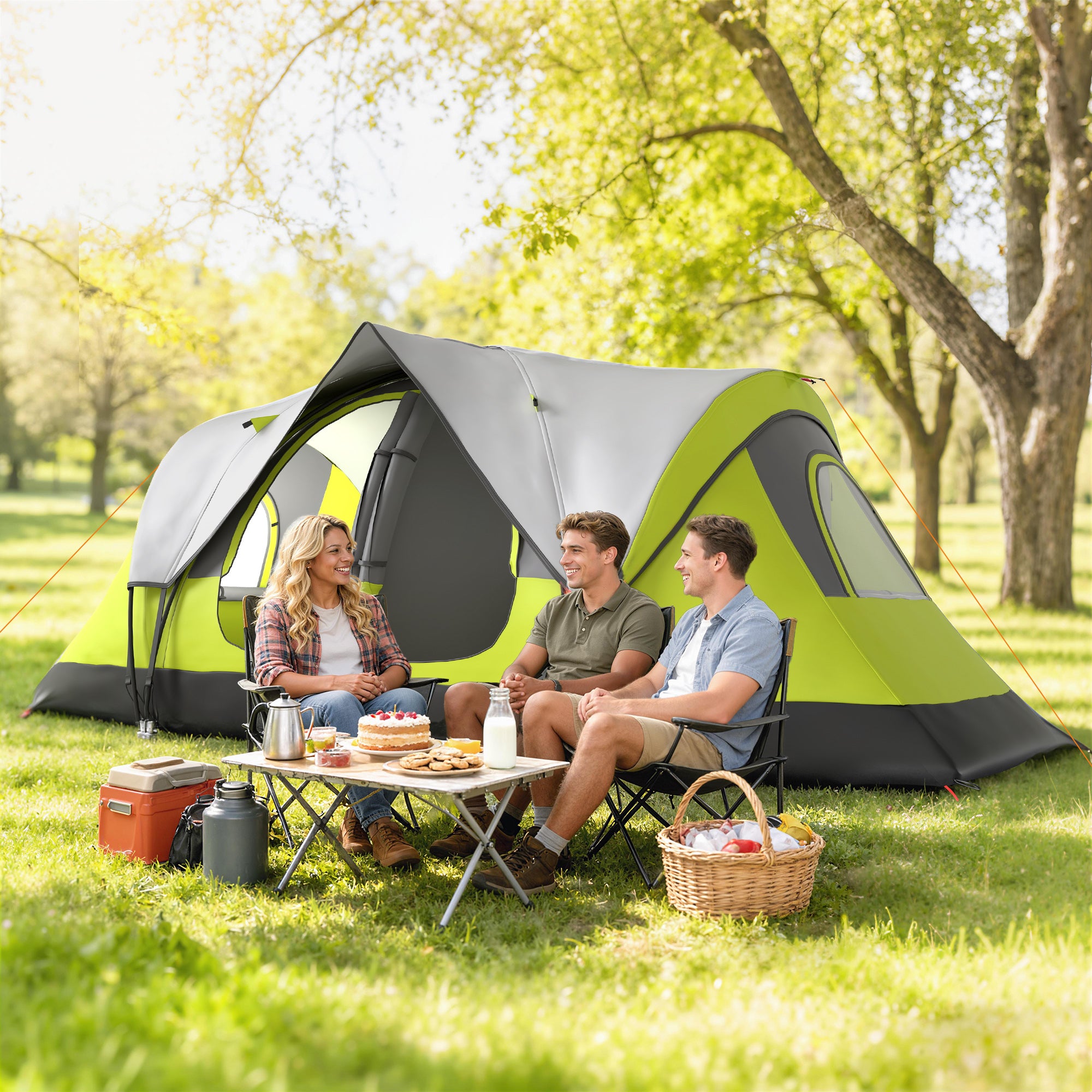 Camping Tent for 6 with 2 Bedroom, Waterproof Rainfly and Carry Bag for Fishing Hiking Festival, Green