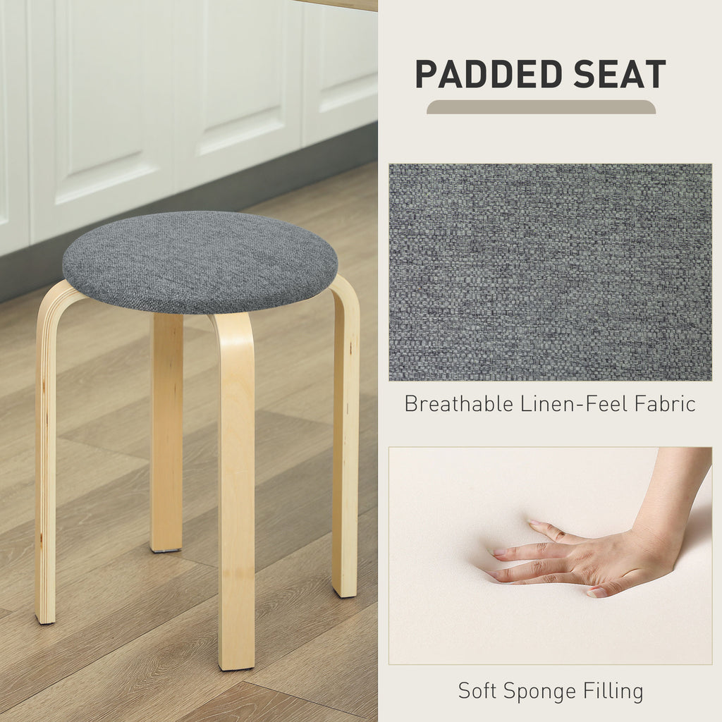 Stackable Wood Stools Set of 4, Stacking Kitchen Stools with Padded Seat for Dining Room, Living Room, Grey