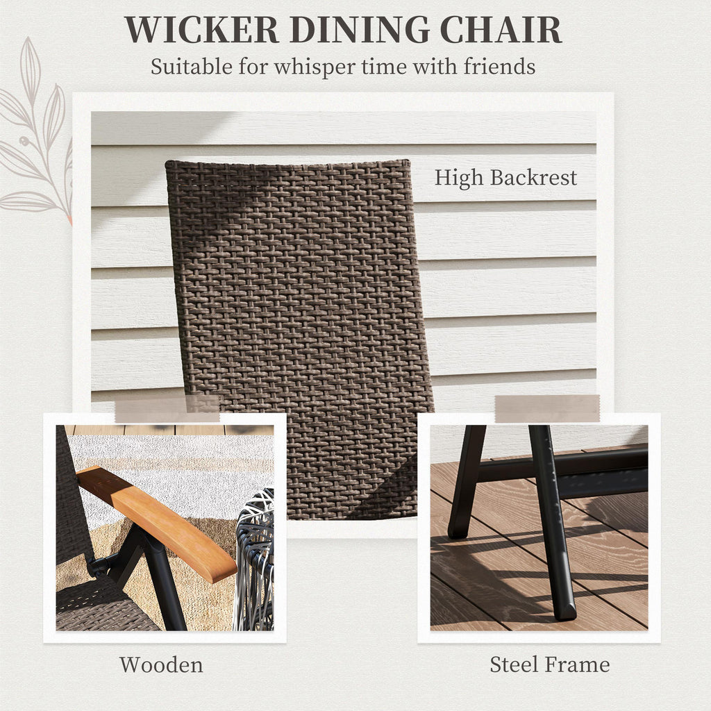 Folding Wicker Patio Dining Chair with 5-level Reclining Back, Wooden Armrests for Outdoor, Garden, Backyard, Brown