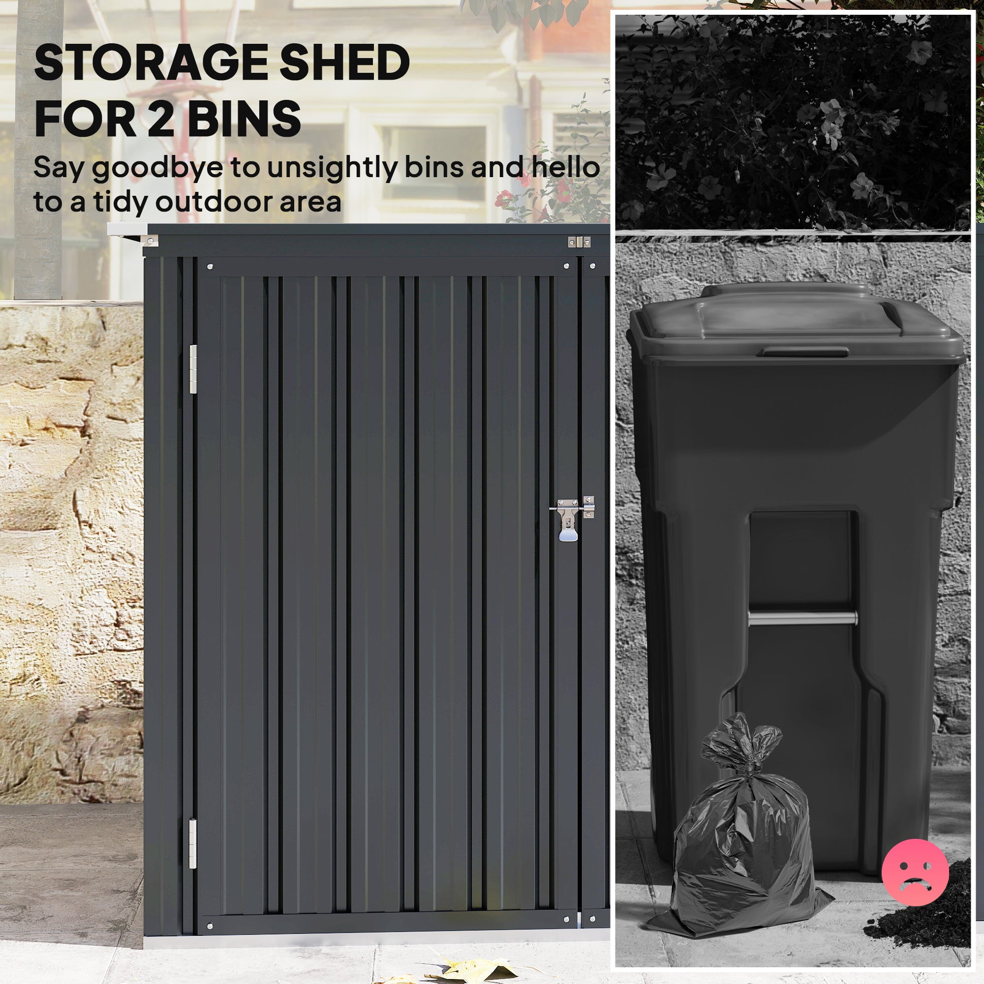 Outdoor Storage Shed Lockable Galvanized Steel Garbage Bin Shed Lift-up Lid for 2 Trash Cans