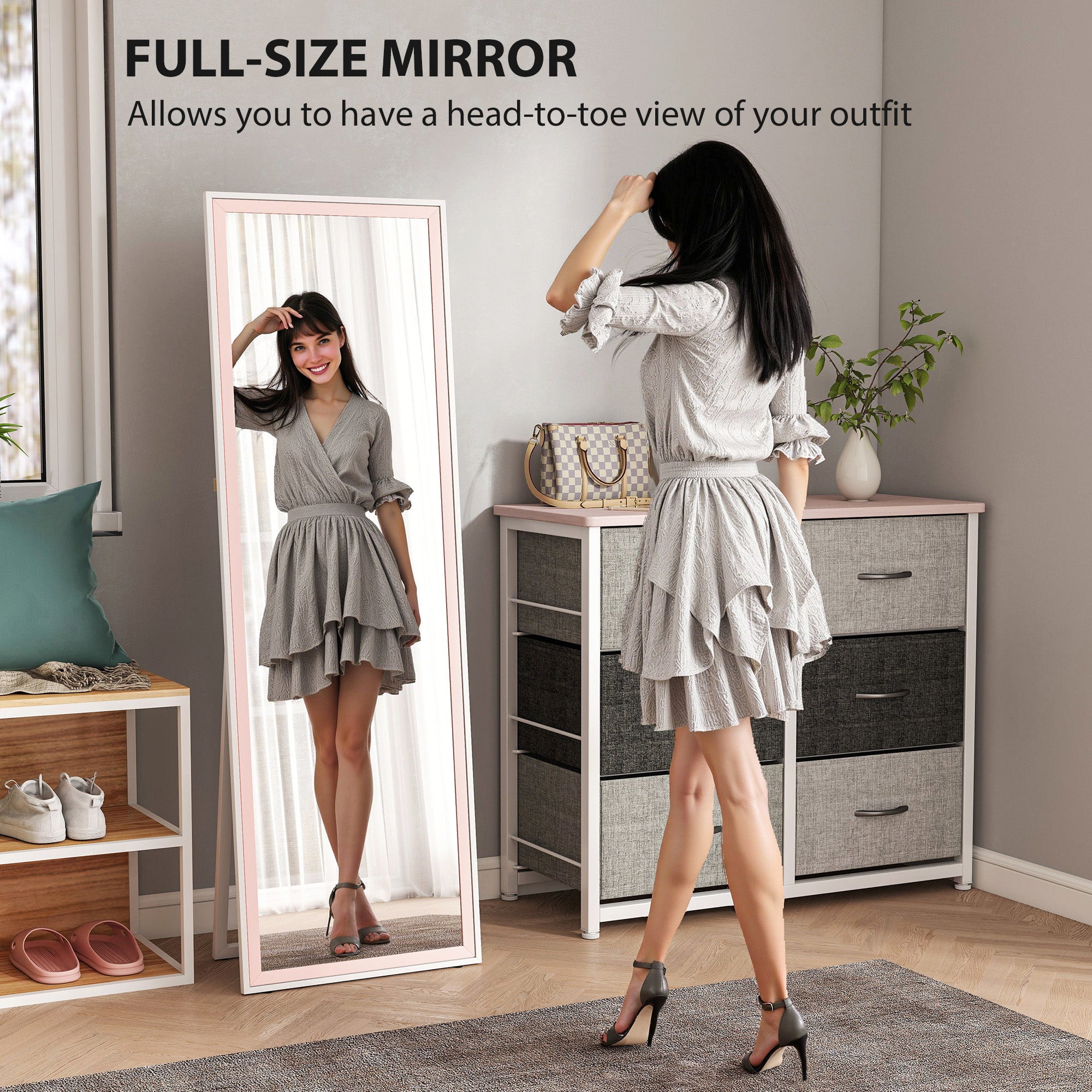 64" x 21" Full Length Mirror, Rectangular Full Body Mirror with Frame, Standing, Hanging or Leaning, White and Pink