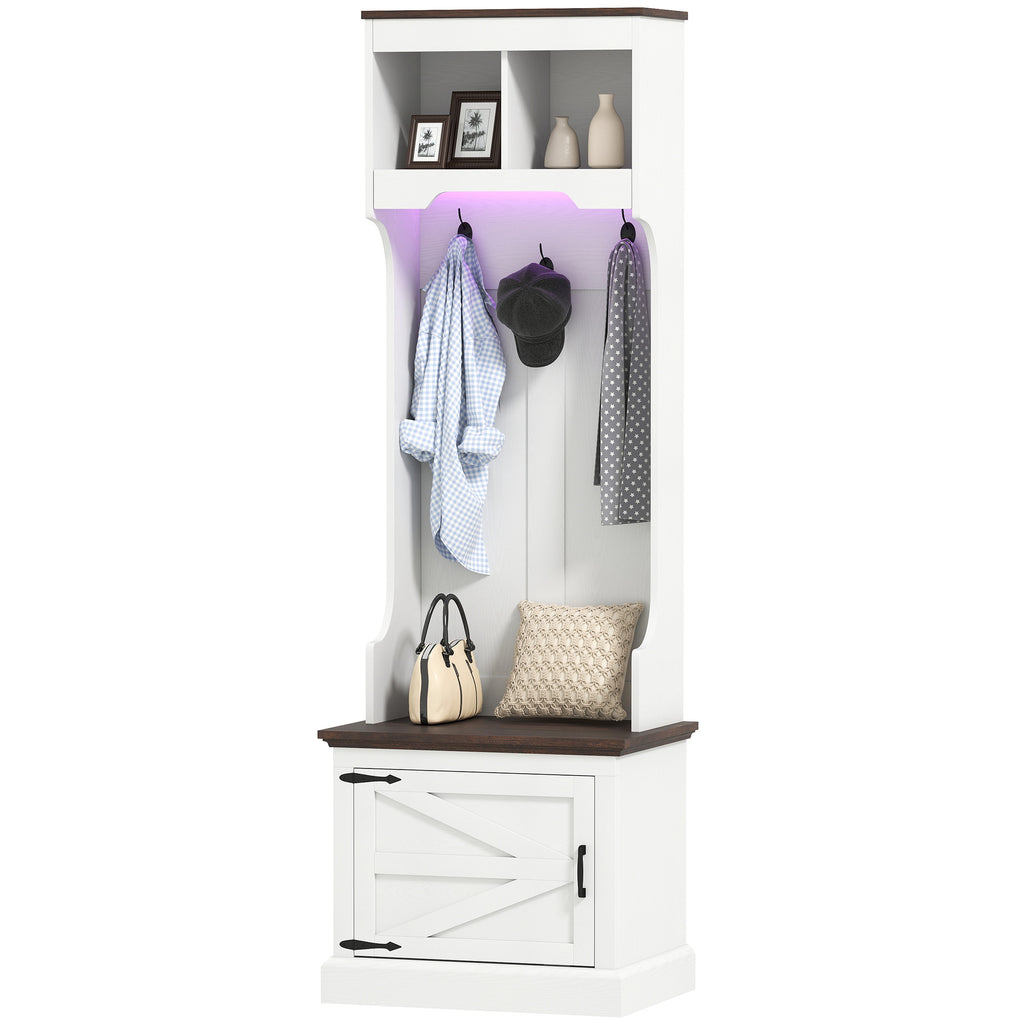 3-in-1 Hall Tree with LED Lights and Bench, Coat Rack with Shoe Storage, White Wood Grain with Light