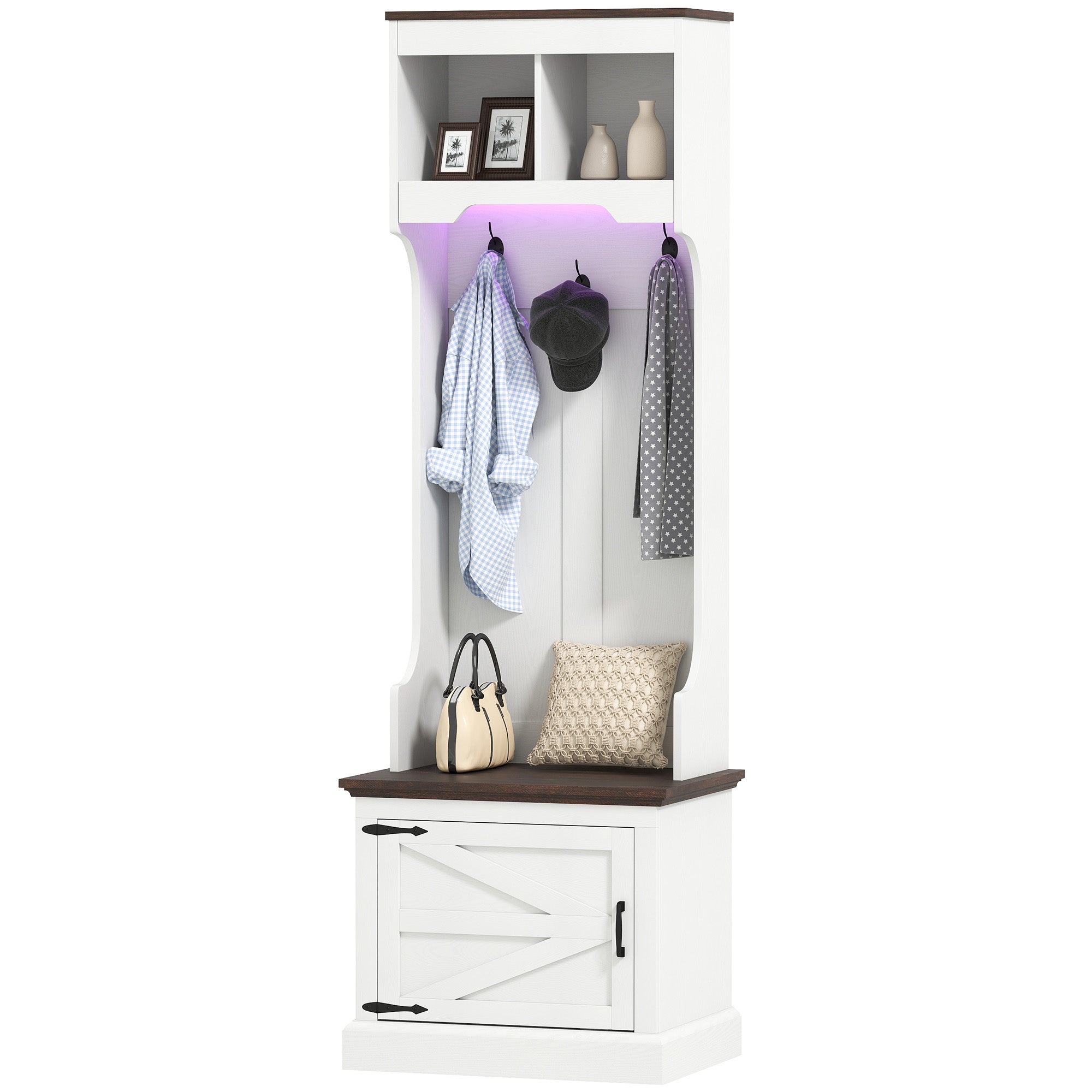 3-in-1 Hall Tree with LED Lights and Bench, Coat Rack with Shoe Storage, White Wood Grain with Light