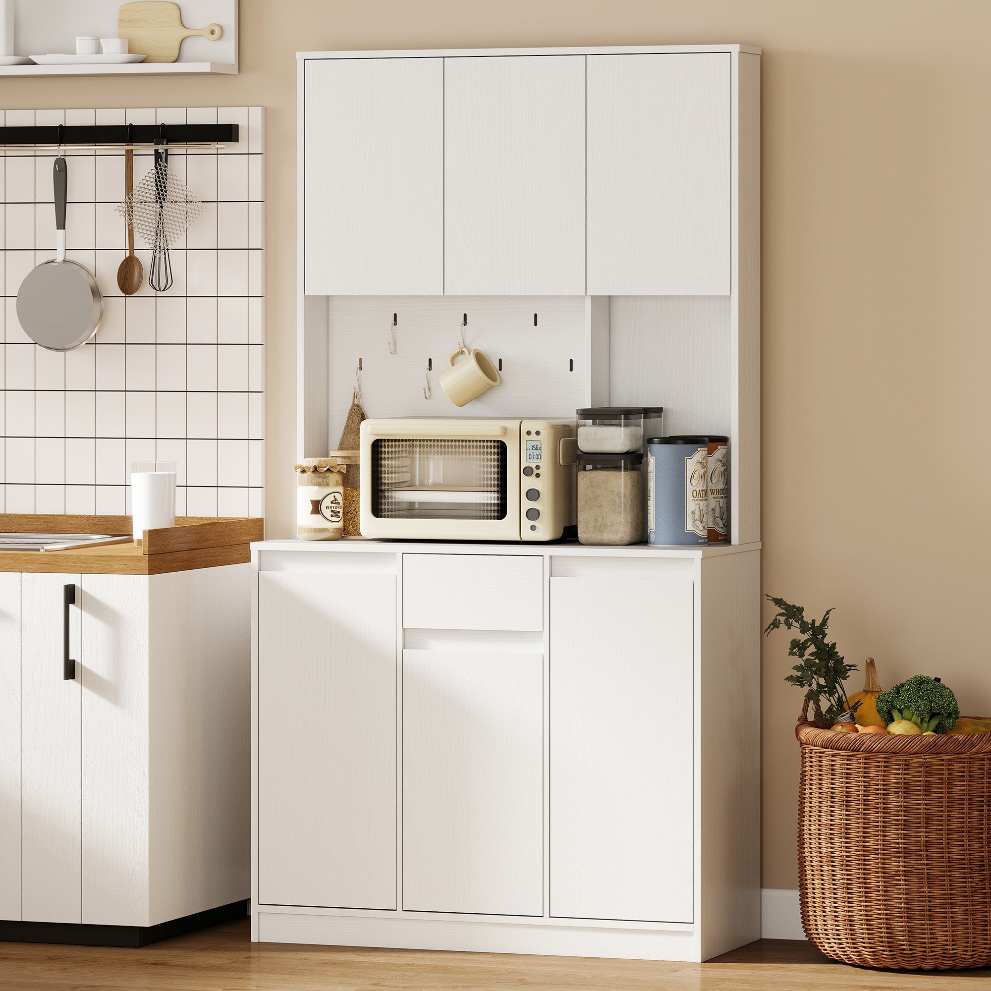 71" Pantry Cabinet with Charging Station, Kitchen Storage Cabinet with Microwave Stand, Pegboard, 6 S-hooks, White