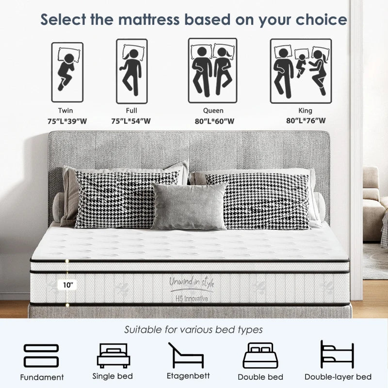 White 10 inch hybrid full mattress with memory foam and pocket spring support system
