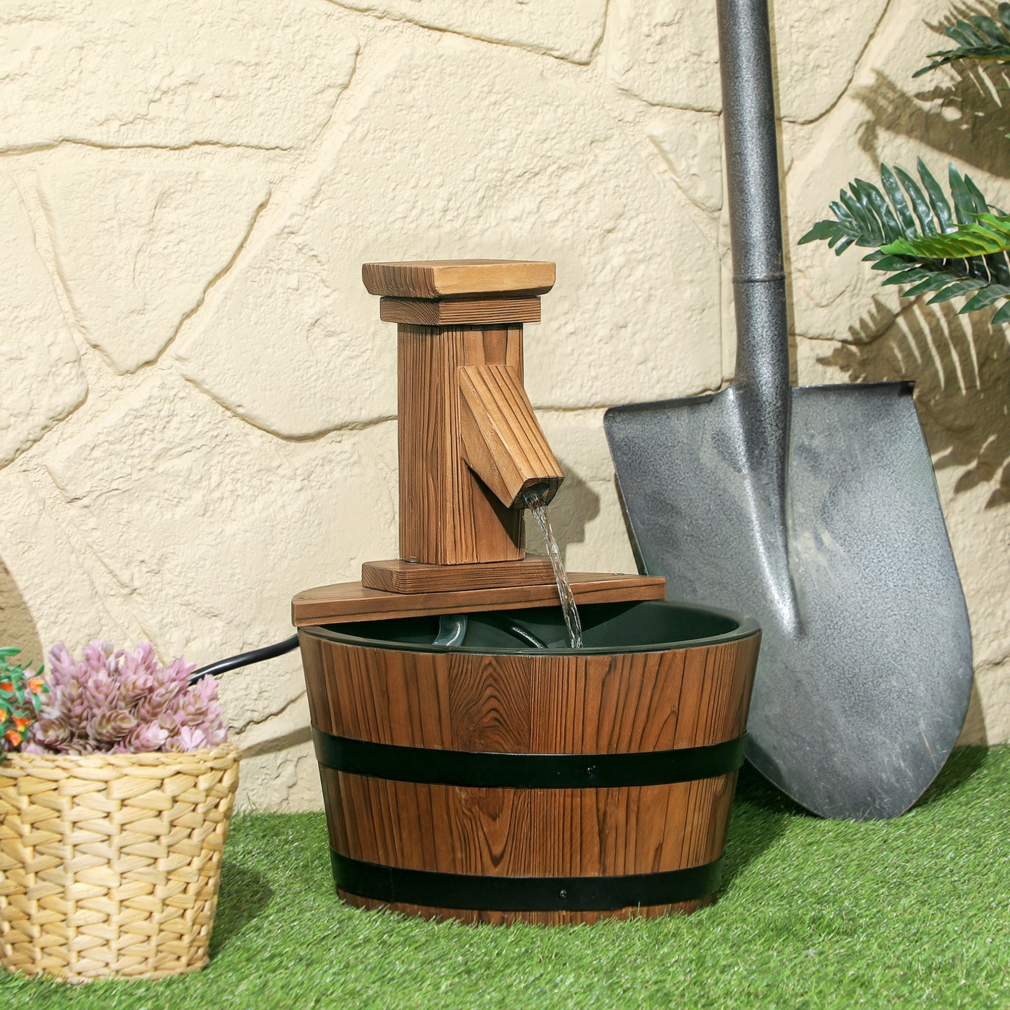 Outdoor Waterfall Fountain, Garden Wood Barrel, Carbonized