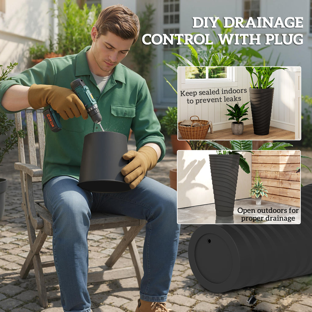 29" Tall Planters Set of 2, Indoor Outdoor Stackable Taper Planters with Drainage Holes, Black