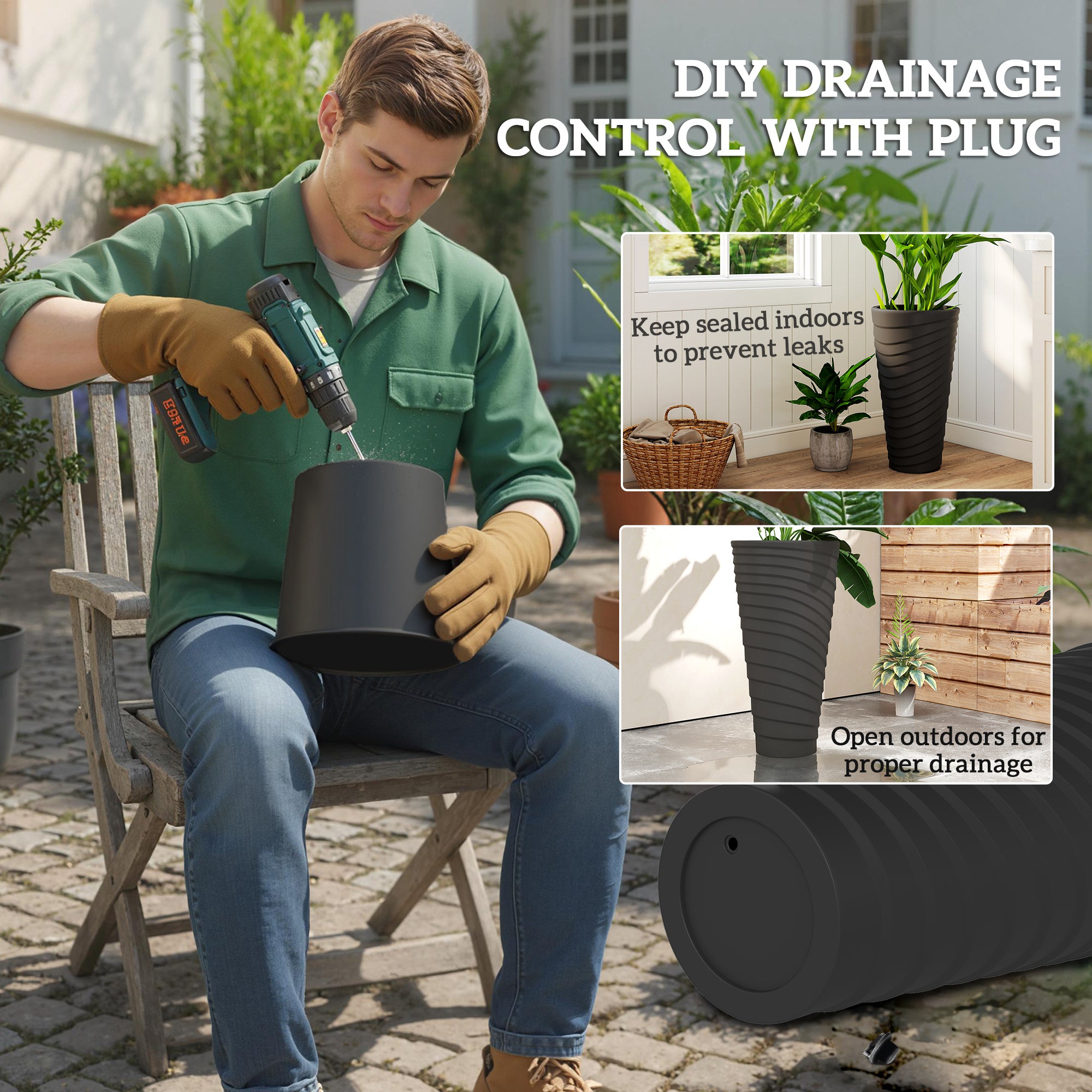 29" Tall Planters Set of 2, Indoor Outdoor Stackable Taper Planters with Drainage Holes, Black