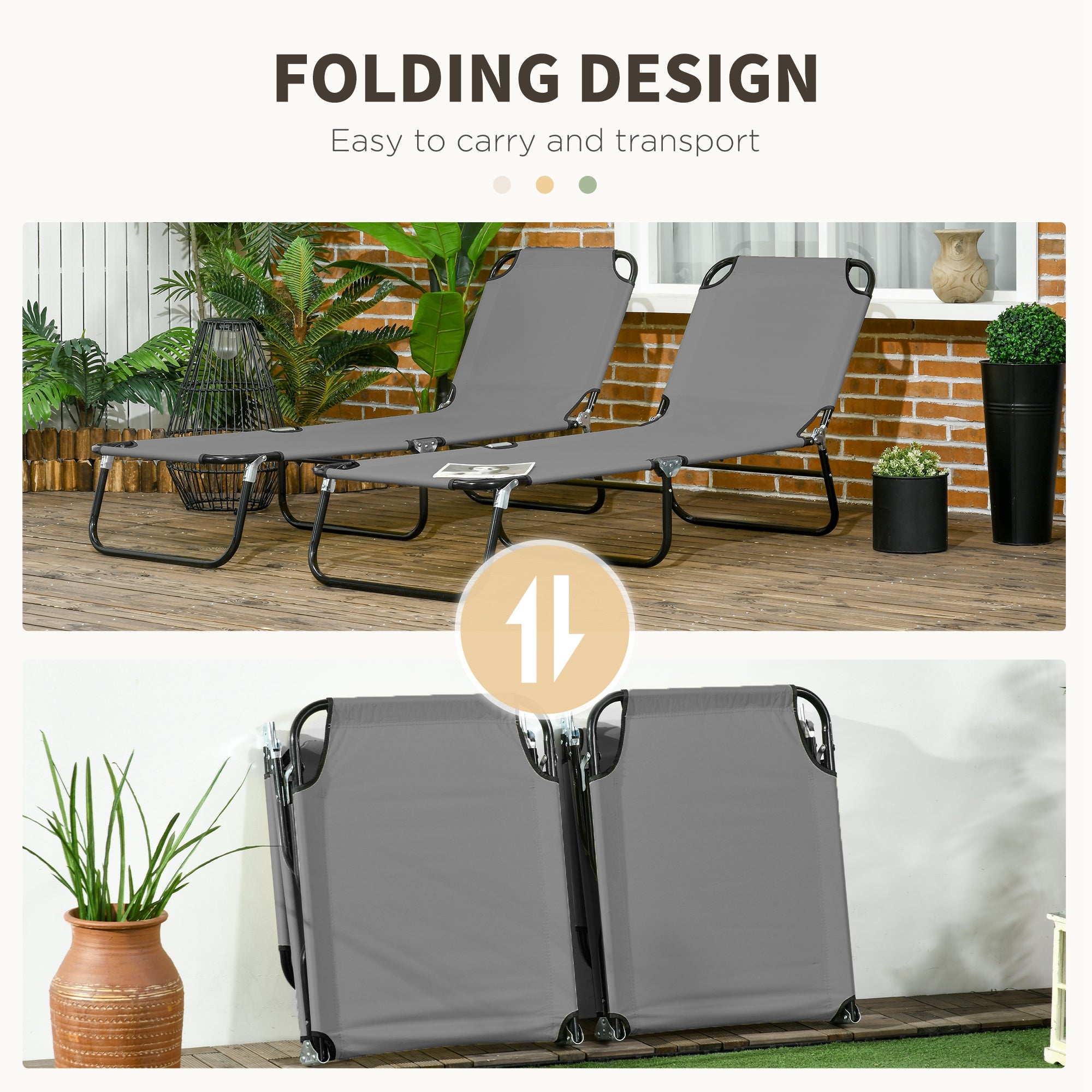 Set of 2 Folding Outdoor Lounge Chair, Sun Tanning Chairs with Reclining Back, Breathable Mesh for Beach Patio, Grey