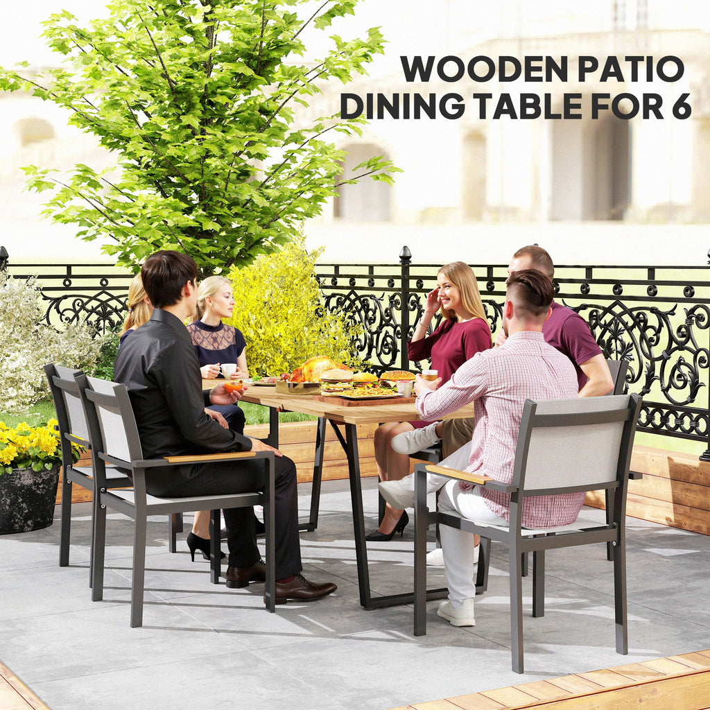 Wooden Outdoor Dining Table for 6 with 2" Umbrella Hole, Slatted Tabletop, Metal Frame, for Yard, Deck, Lawn