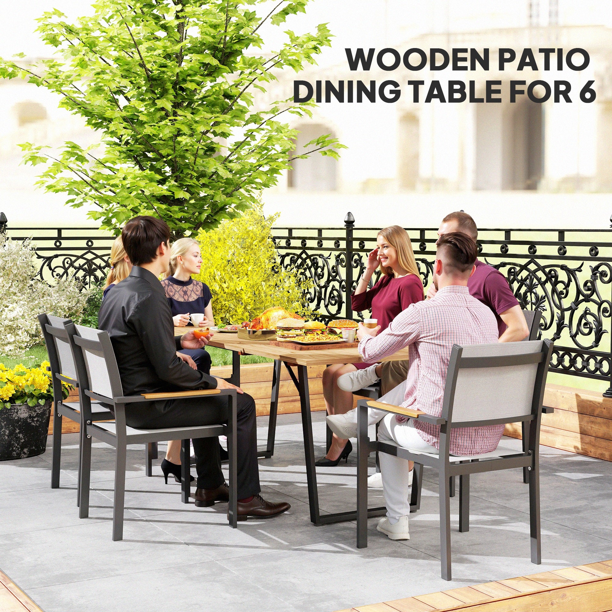 Wooden Outdoor Dining Table for 6 with 2" Umbrella Hole, Slatted Tabletop, Metal Frame, for Yard, Deck, Lawn