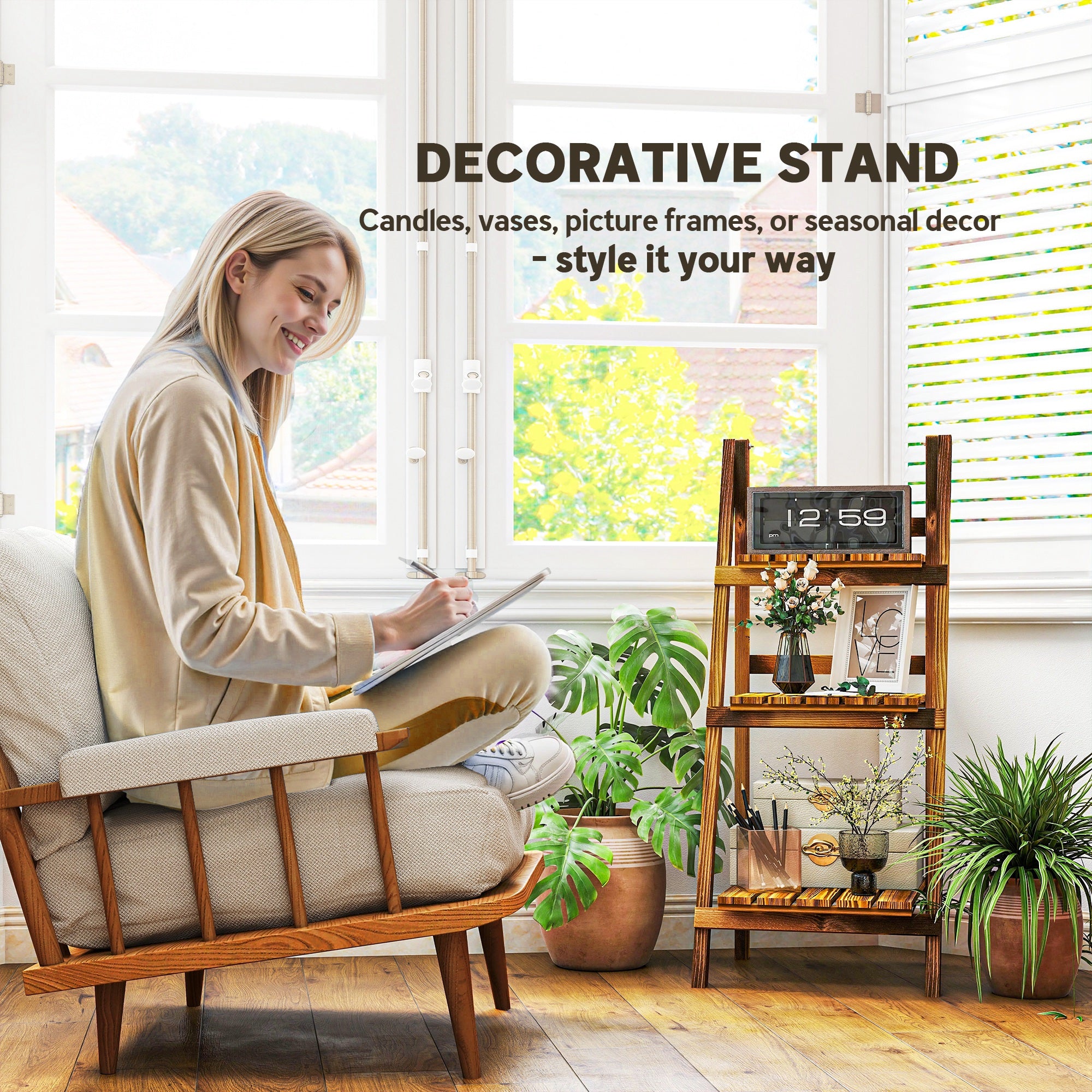 Outdoor Plant Stand, Foldable Flower Stand 3-Tier Wooden Plant Shelf for Garden Indoor Outdoor, 16" x 15" x 37"