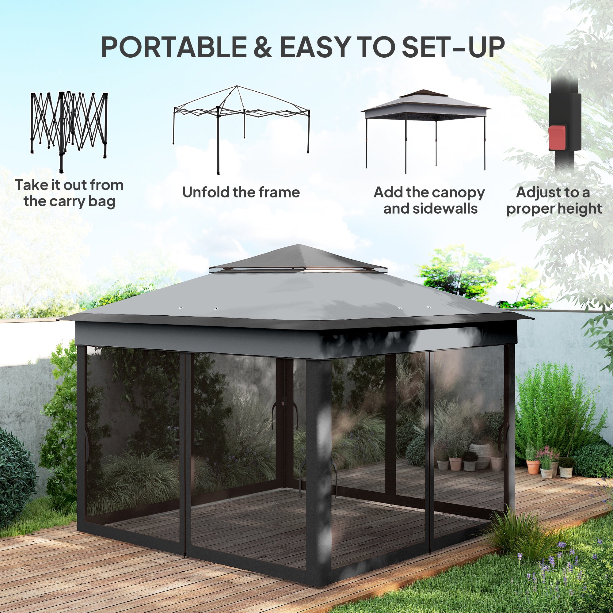 10.7 x 10.7ft Pop Up Gazebo, Adjustable Instant Sun Shelter with UV30+ Roof Cover, Removable Mesh Curtains, Dark Grey