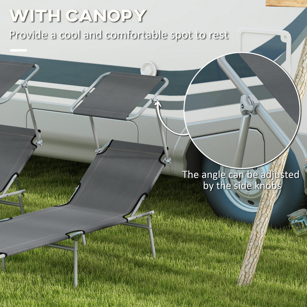 2Pcs Outdoor Lounge Chair, Adjustable Folding Chaise Lounge with Sun Shade for Beach, Camping, Hiking, Grey
