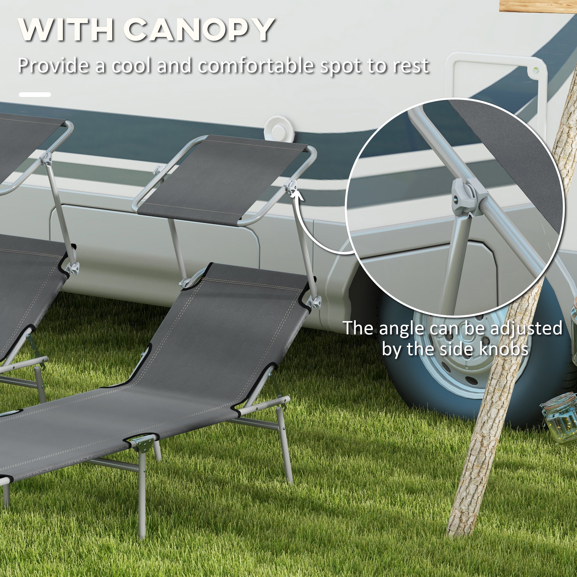 2Pcs Outdoor Lounge Chair, Adjustable Folding Chaise Lounge with Sun Shade for Beach, Camping, Hiking, Grey