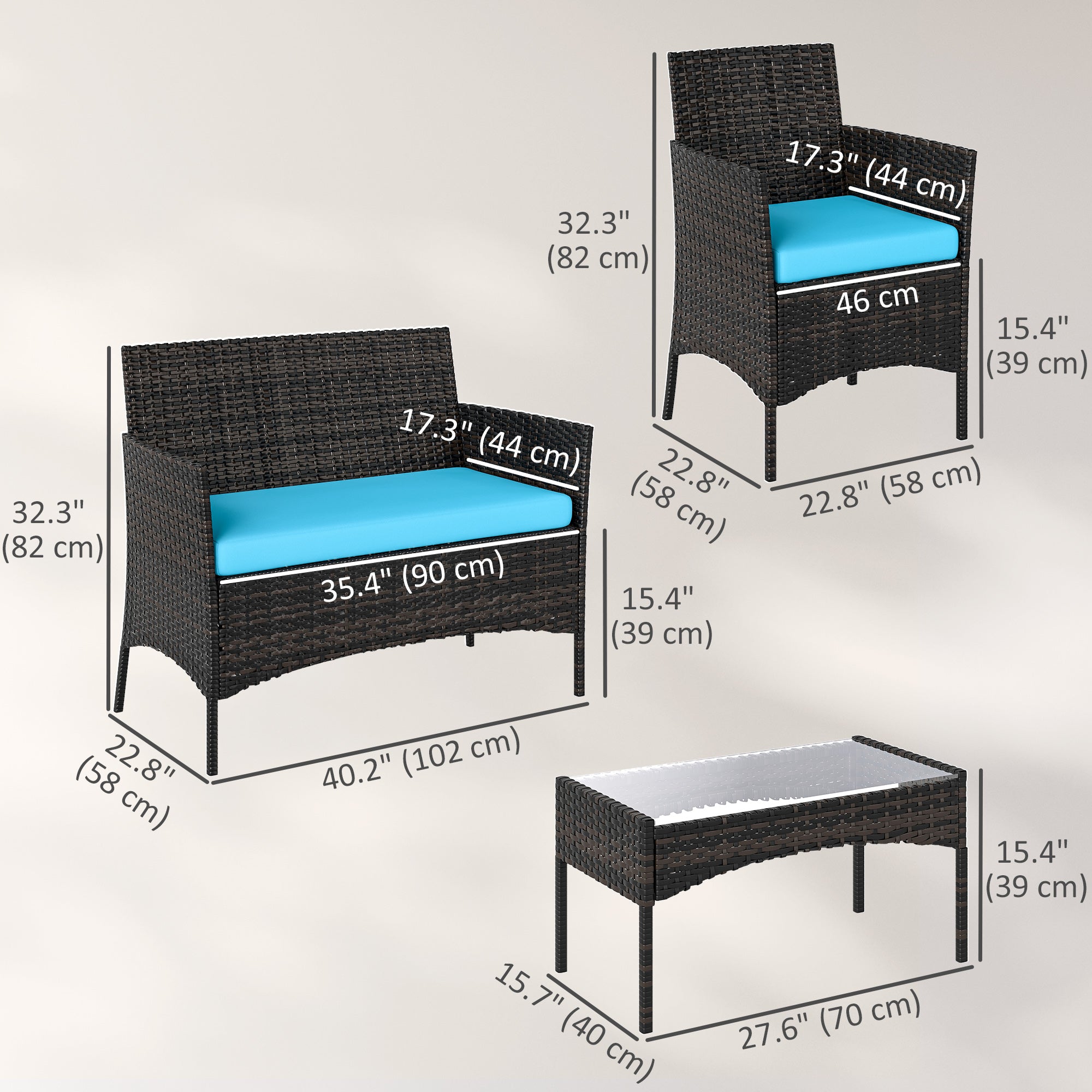 4 Pieces Wicker Outdoor Balcony Furniture Set Rattan Patio Furniture Set with Loveseat Chairs Glass Coffee Table Turquoise