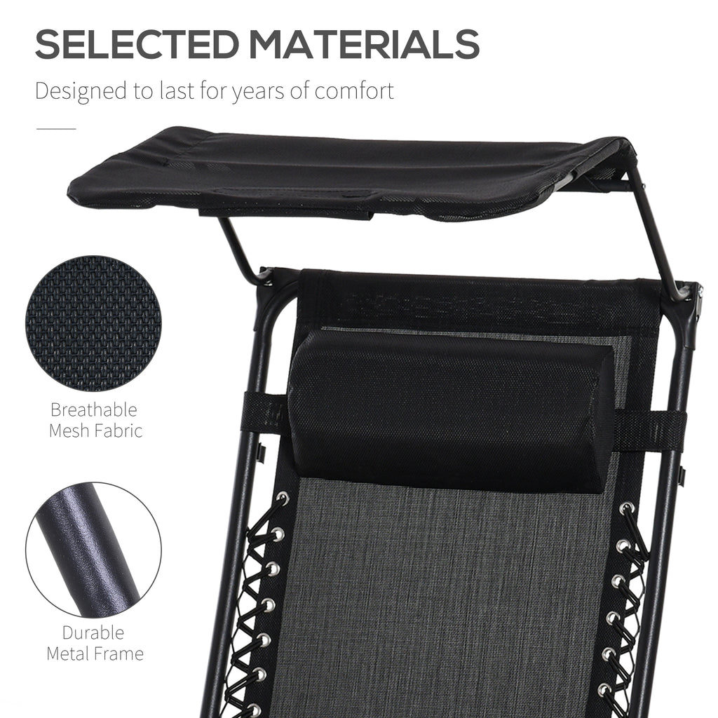 Outdoor Zero Gravity Reclining Lounger Chair with Canopy Shade, Side Tray, Cupholder, Black