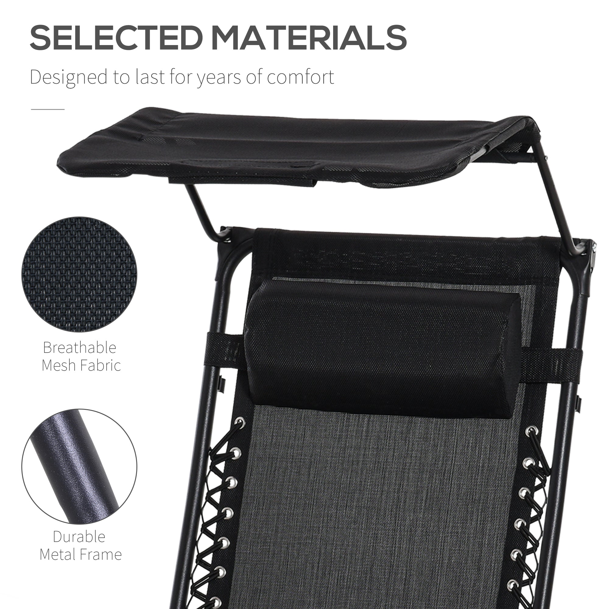 Outdoor Zero Gravity Reclining Lounger Chair with Canopy Shade, Side Tray, Cupholder, Black