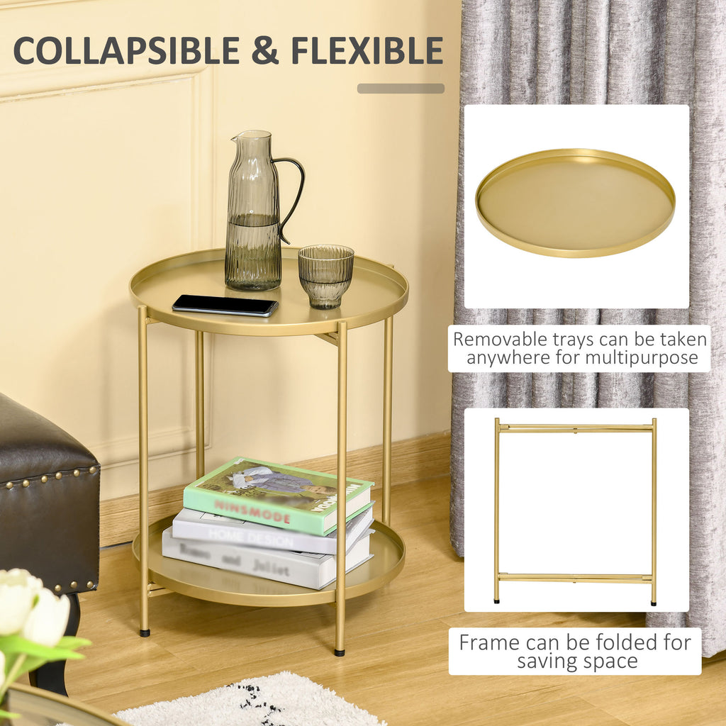 2-Tier Gold Side Table, Round Nightstand with Removable Trays Folding Metal Frame Adjustable Foot End Table for Living Room Bedroom