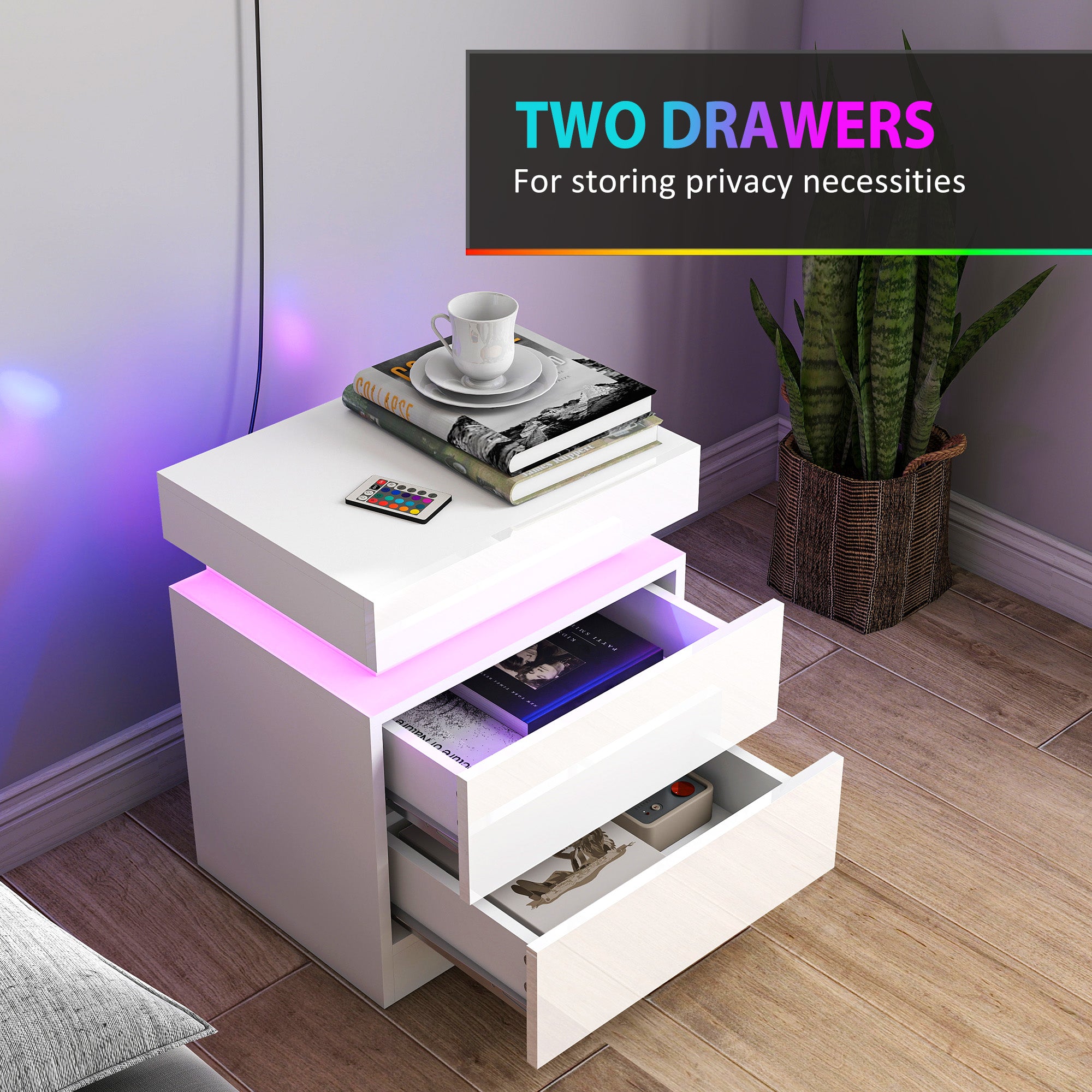 Nightstand Set of 2, End Side Tables with LED Lights, Bedside Tables with 2 Drawers, for Bedroom, White