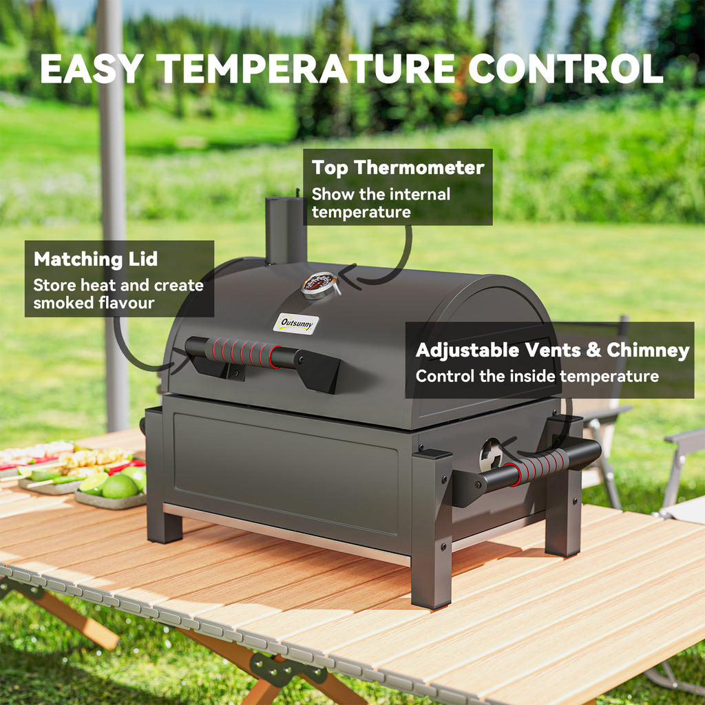 Tabletop Charcoal Smoker, Portable BBQ with Ash Catcher and Thermometer for Backyard, Camping, Picnic, Black