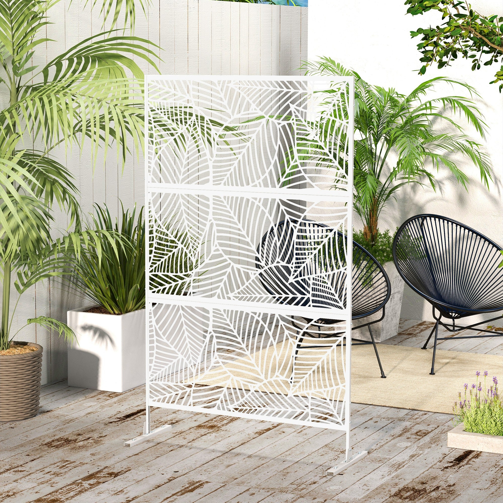 6.5FT Decorative Outdoor Divider, Metal Privacy Screen with Stand, Large Leaf Style, White