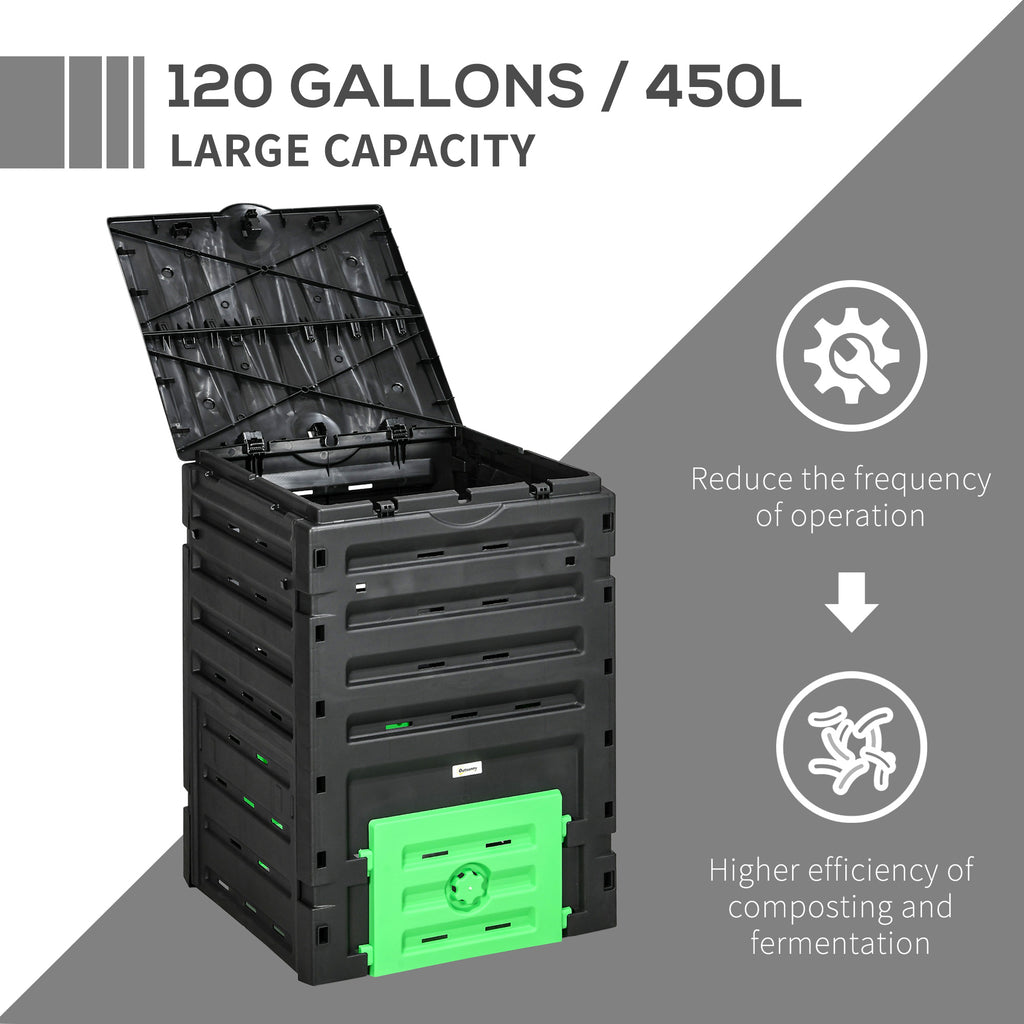 Compost Bin, Garden Composter with 80 Vents and 2 Doors, 120 Gallon (450L), Black
