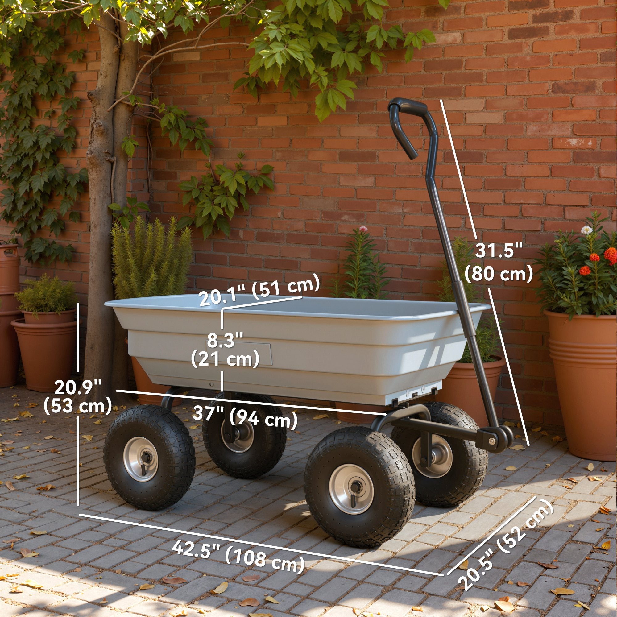 Steel Garden Cart with Handle and 10" Pneumatic Tires, Utility Wagon Cart for Garden Patio Lawn, 551lbs Capacity, Grey