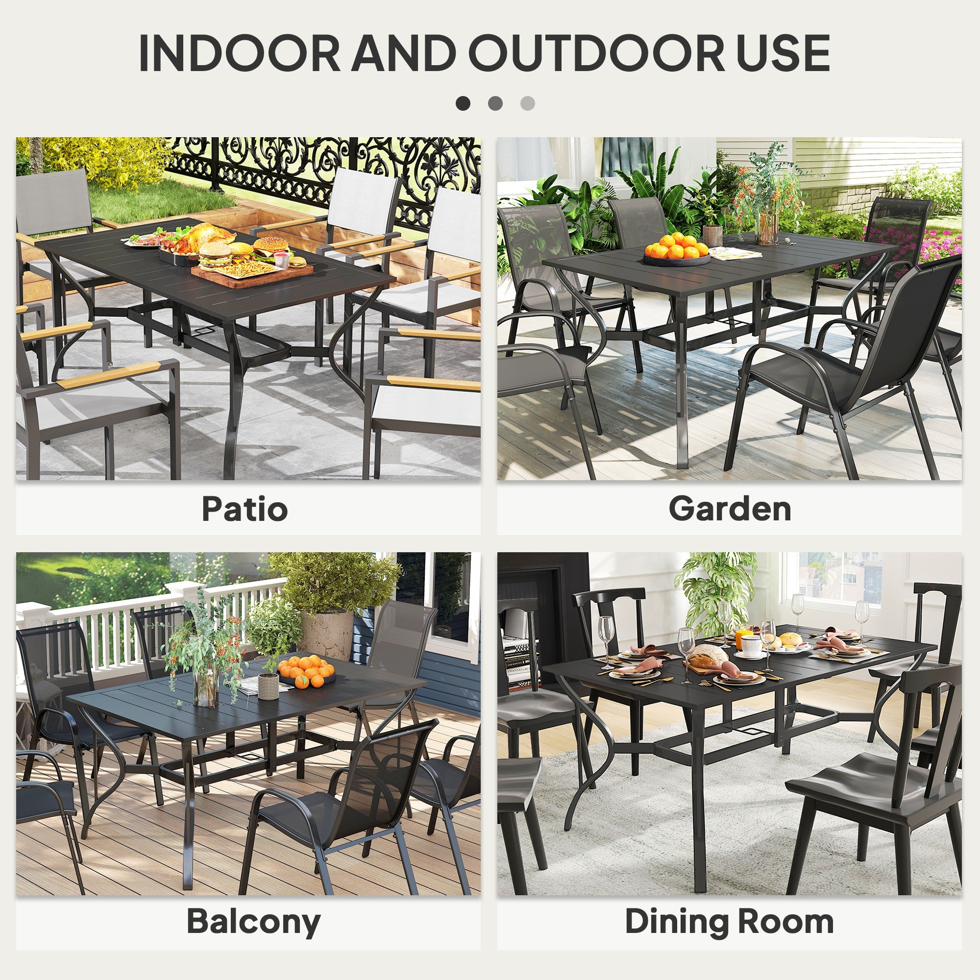 Rectangle Patio Dining Table with Umbrella Hole, Outdoor Dining Table for 6 with Steel Frame for Garden, Balcony, Black