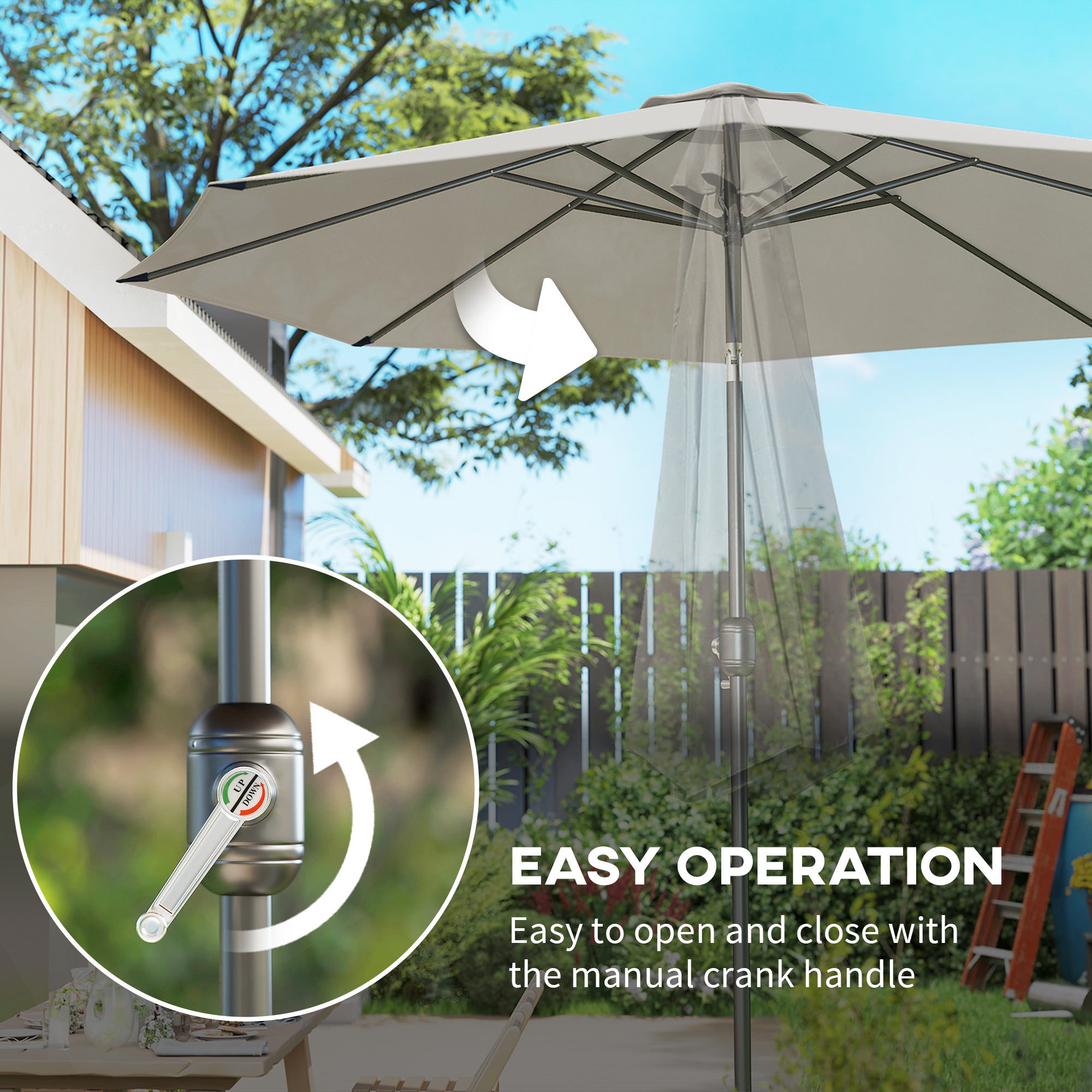 10' x 8' Round Market Umbrella, Patio Umbrella with Crank Handle and Tilt, Outdoor Parasol for Garden, Bench, Lawn, Light Grey