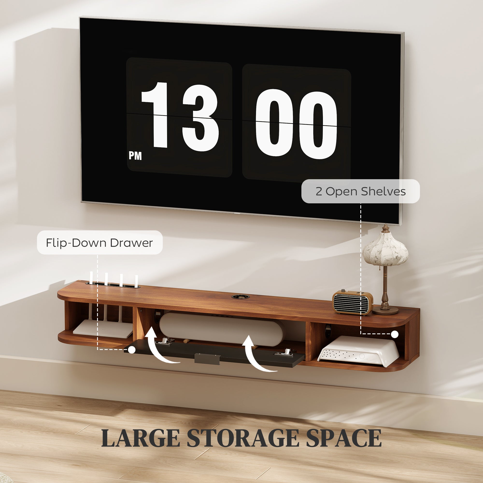 47" Floating TV Stand for TVs up to 50 Inch, Wall Mounted Media Console with Flip Drawer and 2 Open Shelves, Walnut