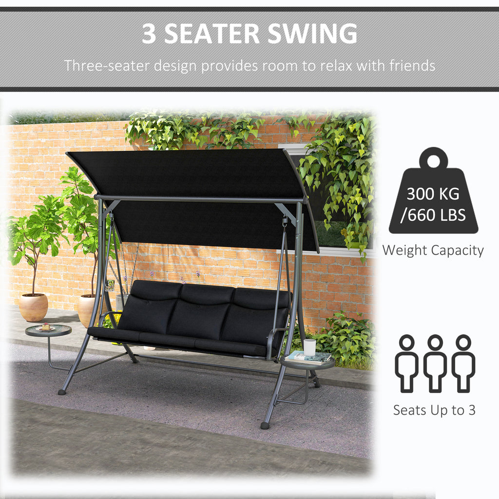 3-Seat Outdoor Swing Chair Steel Swing Bench with Adjustable Canopy & Coffee Tables & Cushion for Patio Garden, Black