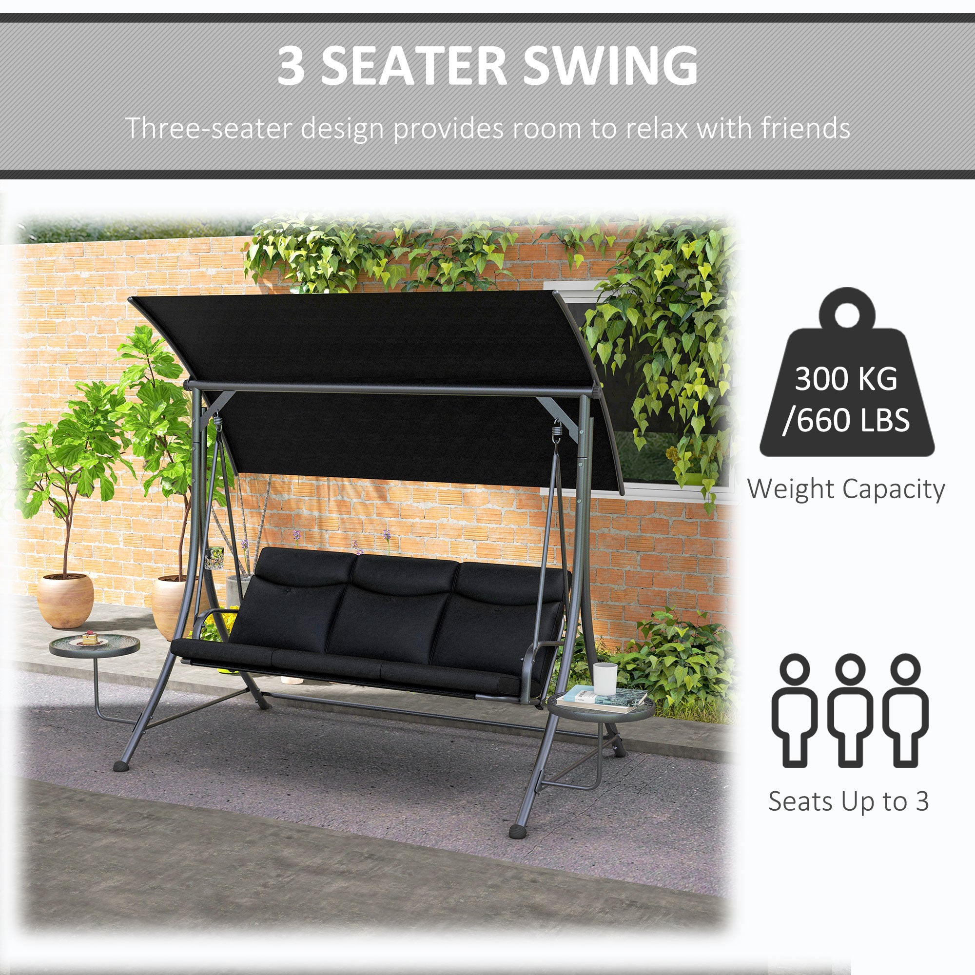 3-Seat Outdoor Swing Chair Steel Swing Bench with Adjustable Canopy & Coffee Tables & Cushion for Patio Garden, Black