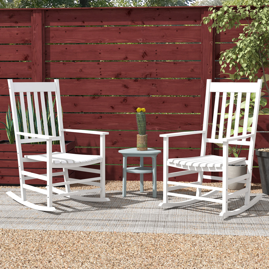 Wooden Patio Rocking Chairs Set of 2, Outdoor Rocker Chairs with Wide Armrests, High Back for Garden, Balcony, White
