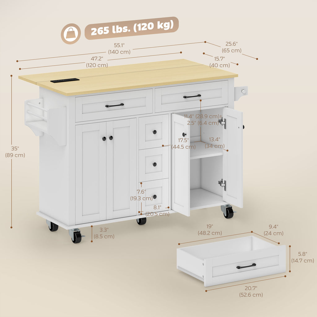 Kitchen Island Cart with Power Outlet & Drop Leaf, 55" Rolling Kitchen Island on Wheels with Storage, White
