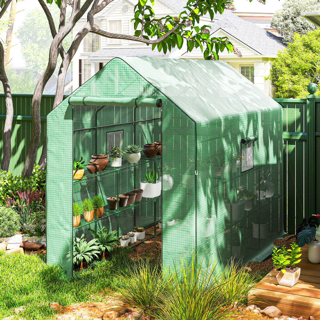 Walk-in Greenhouse with 3 Tier, Garden Plant Growhouse with Roll-up Door and Mesh Windows, 140 x 213 x 190 cm, Green