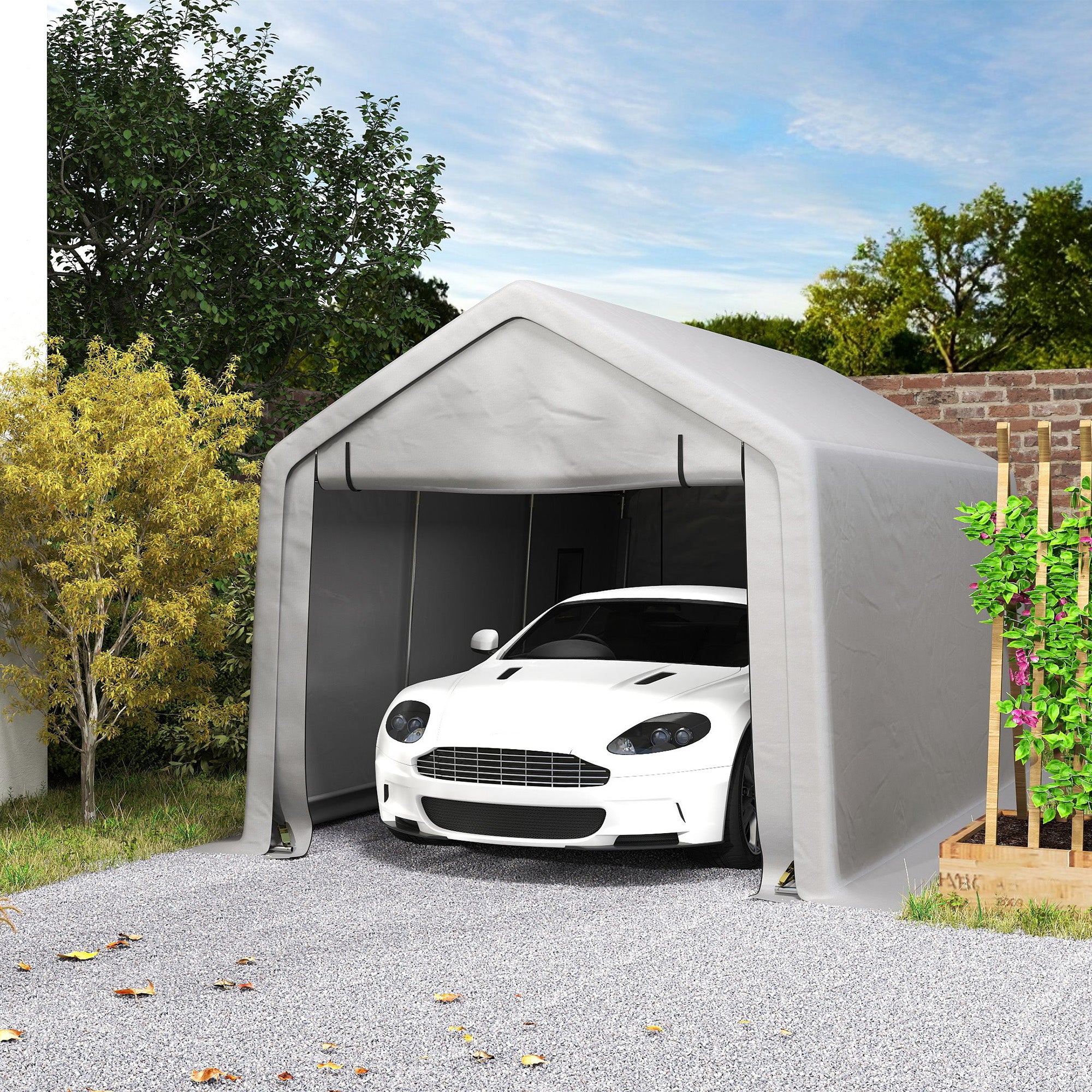 Heavy Duty Carport, 10 x 17 ft Portable Garage with Roll-up Zipper Door for Motorcycle Garden Storage, Grey