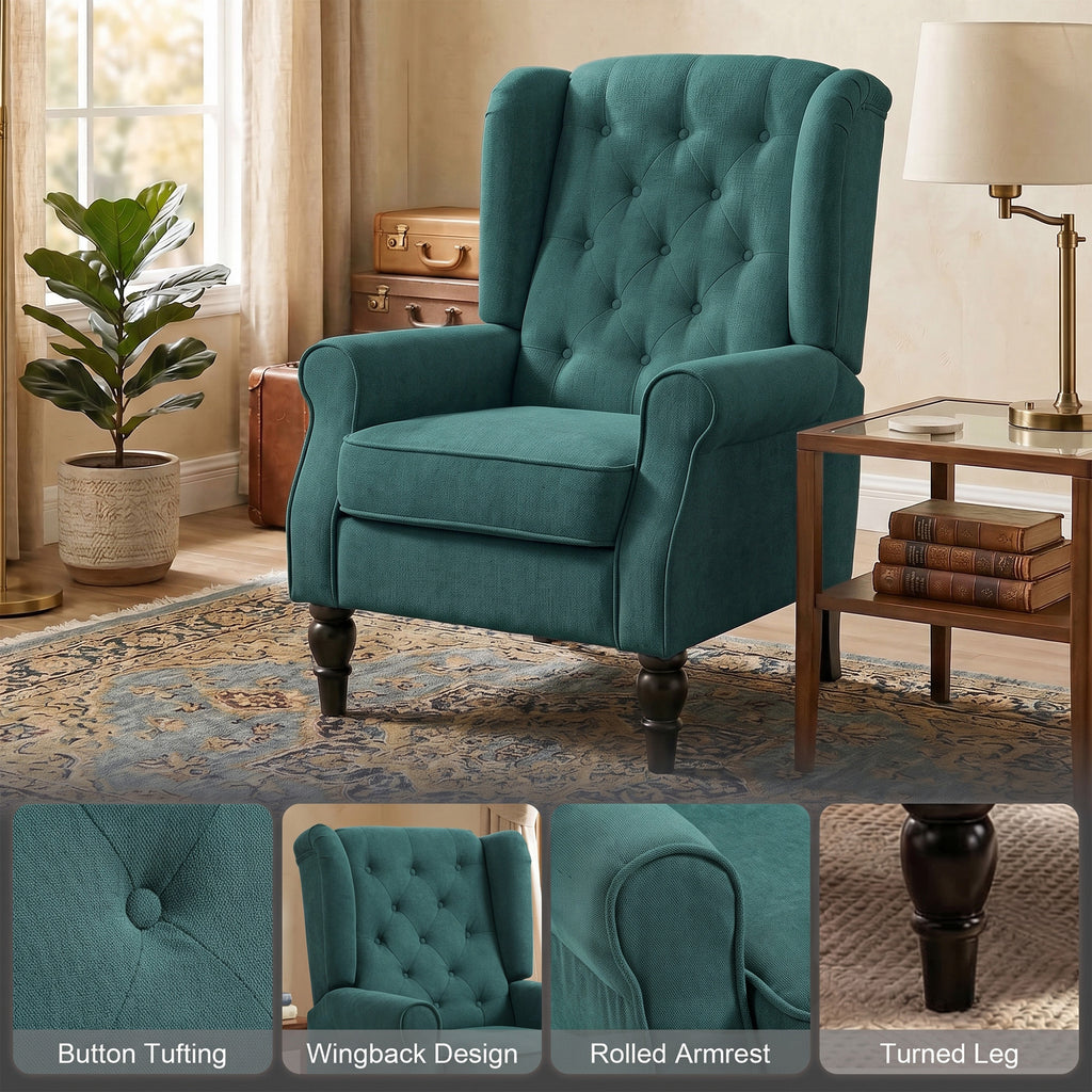 Fabric Accent Chair, Button Tufted Armchair, Armchair with Wood Legs, Thick Padding for Bedroom Dark Green