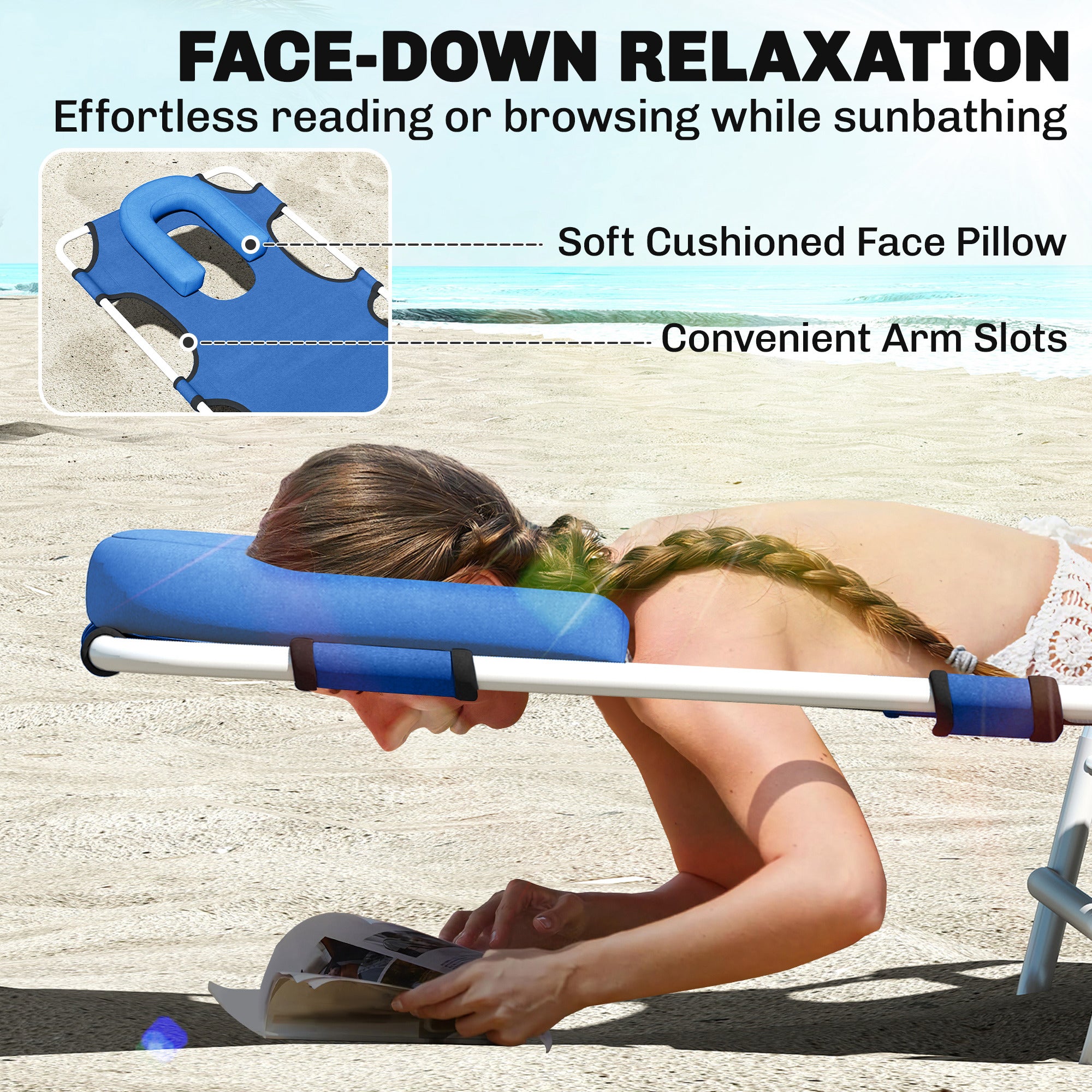 Folding Lounge Chair Outdoor, Tanning Chair with Face Hole Arm Slots, Beach Chaise Lounger with Pillow, 5-Position Adjustable Portable Sun Lounger Bed for Pool, Blue