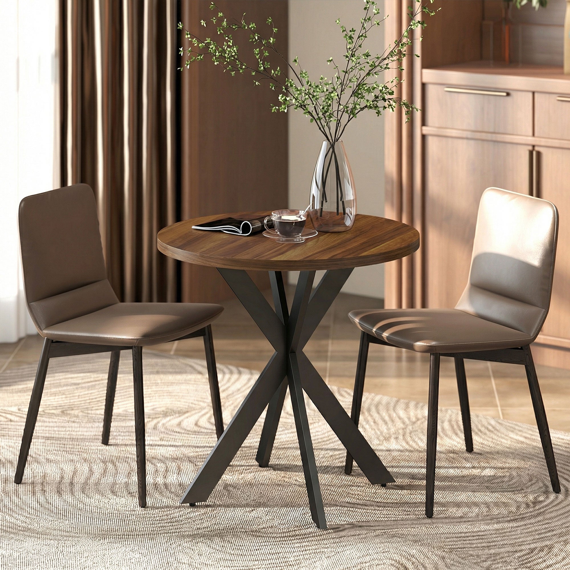 29" Dining Table, Contemporary Round Kitchen Table with Steel Legs, Walnut
