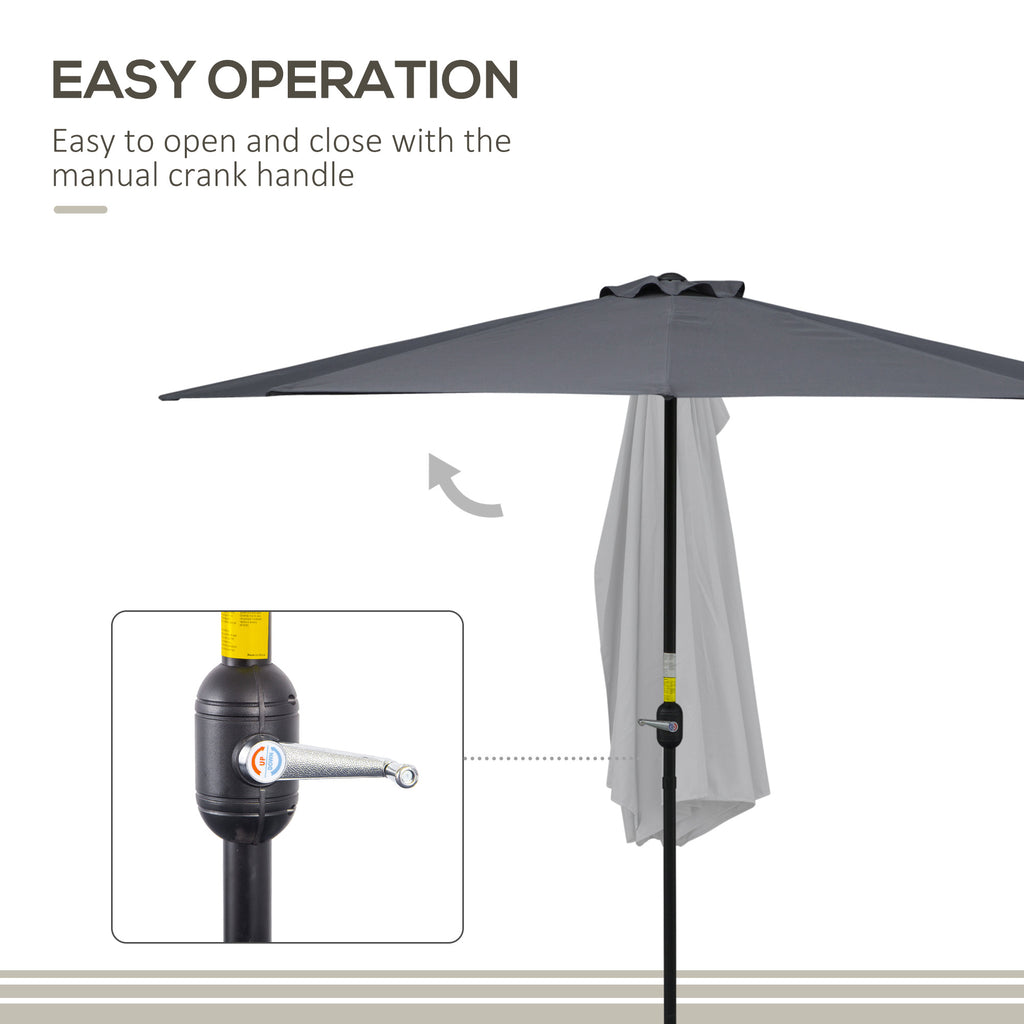 9.8ft Half Umbrella Semi Round Patio Parasol with Crank Handle, Top Vent for Garden, Balcony- NO BASE INCLUDED, Grey