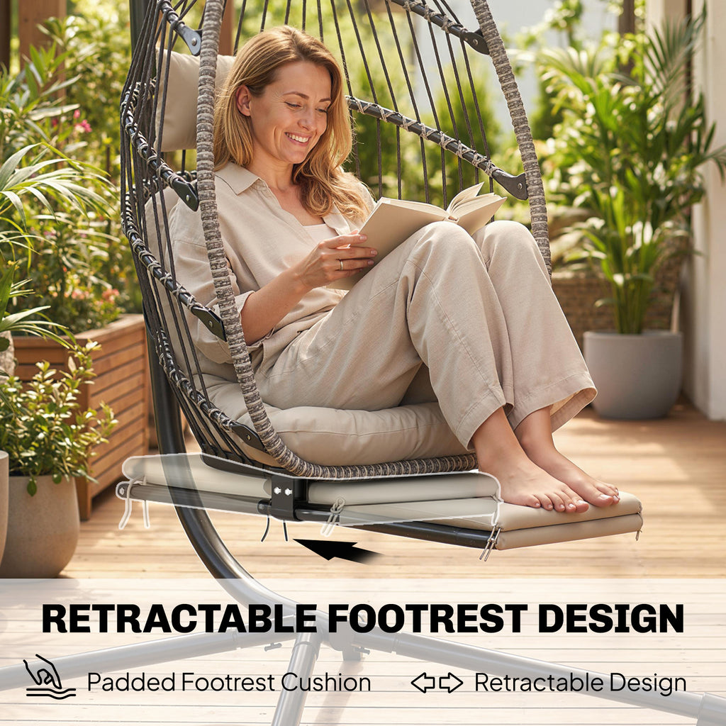Outdoor Hanging Egg Chair with Retractable Footrest Swing Chair with Metal Stand Light Grey
