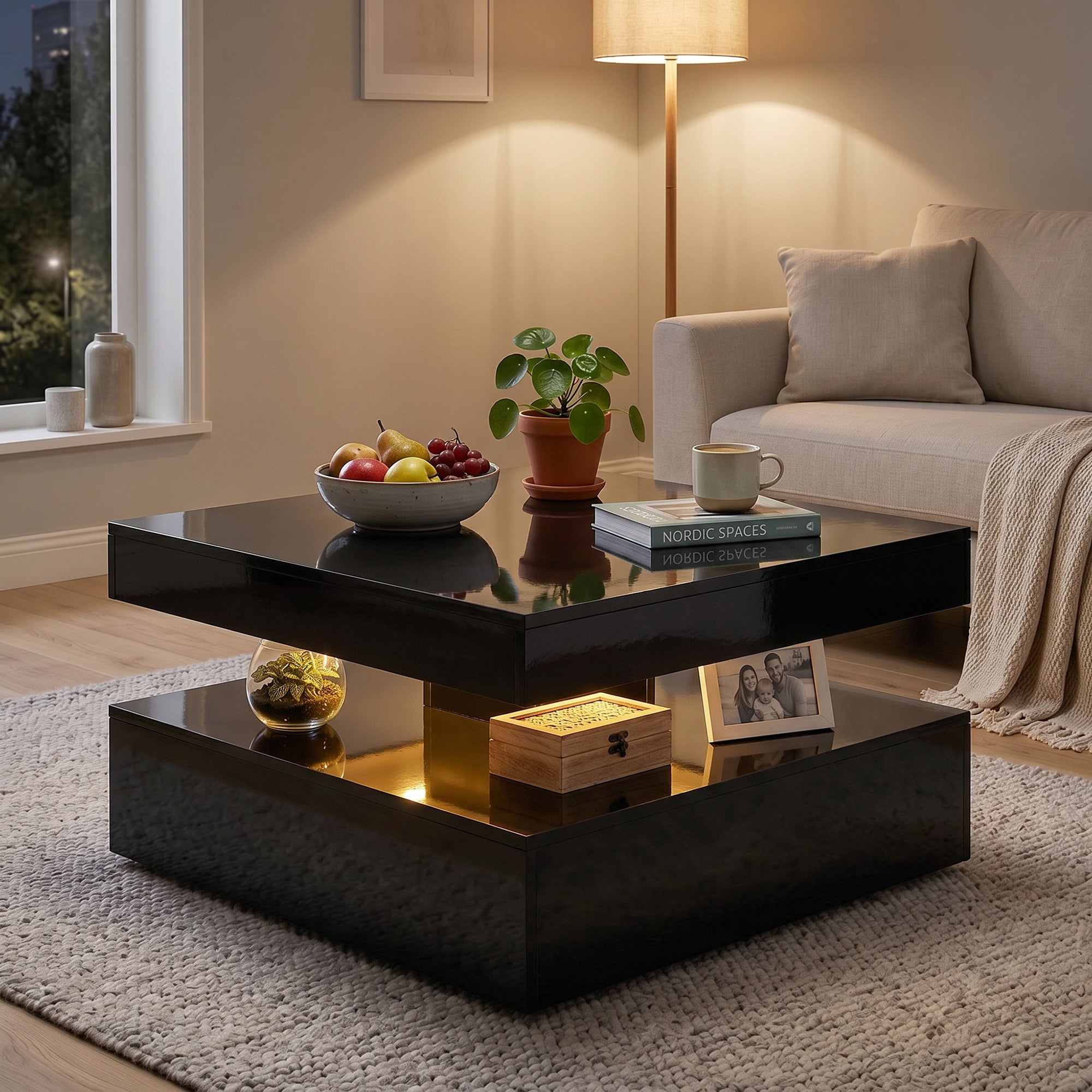 LED Coffee Table with Storage, 2-Tier Modern Center Table with Open Shelf and Remote for Living Room, High Gloss Black