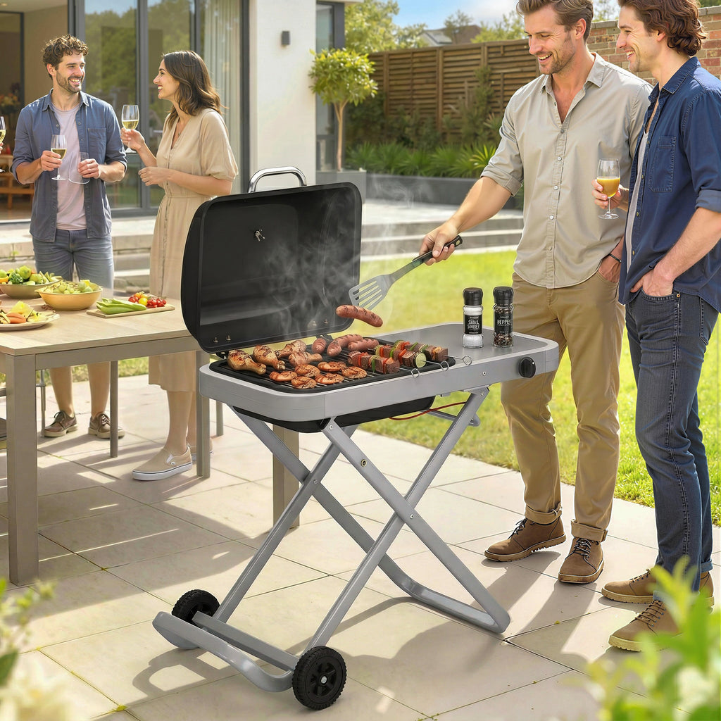 Portable Propane Gas BBQ Grill with Foldable Cart, Wheels, 9500 BTU Gas Barbecue Grill with Piezo Ignition Burner, Black