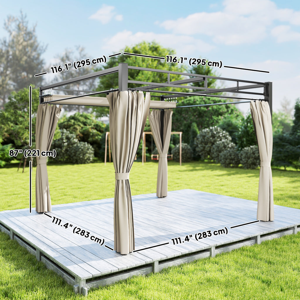 10' x 10' Outdoor Gazebo, Retractable Pergola Canopy with Curtains, UPF30+ Free Standing Metal Pergola Kit, Beige