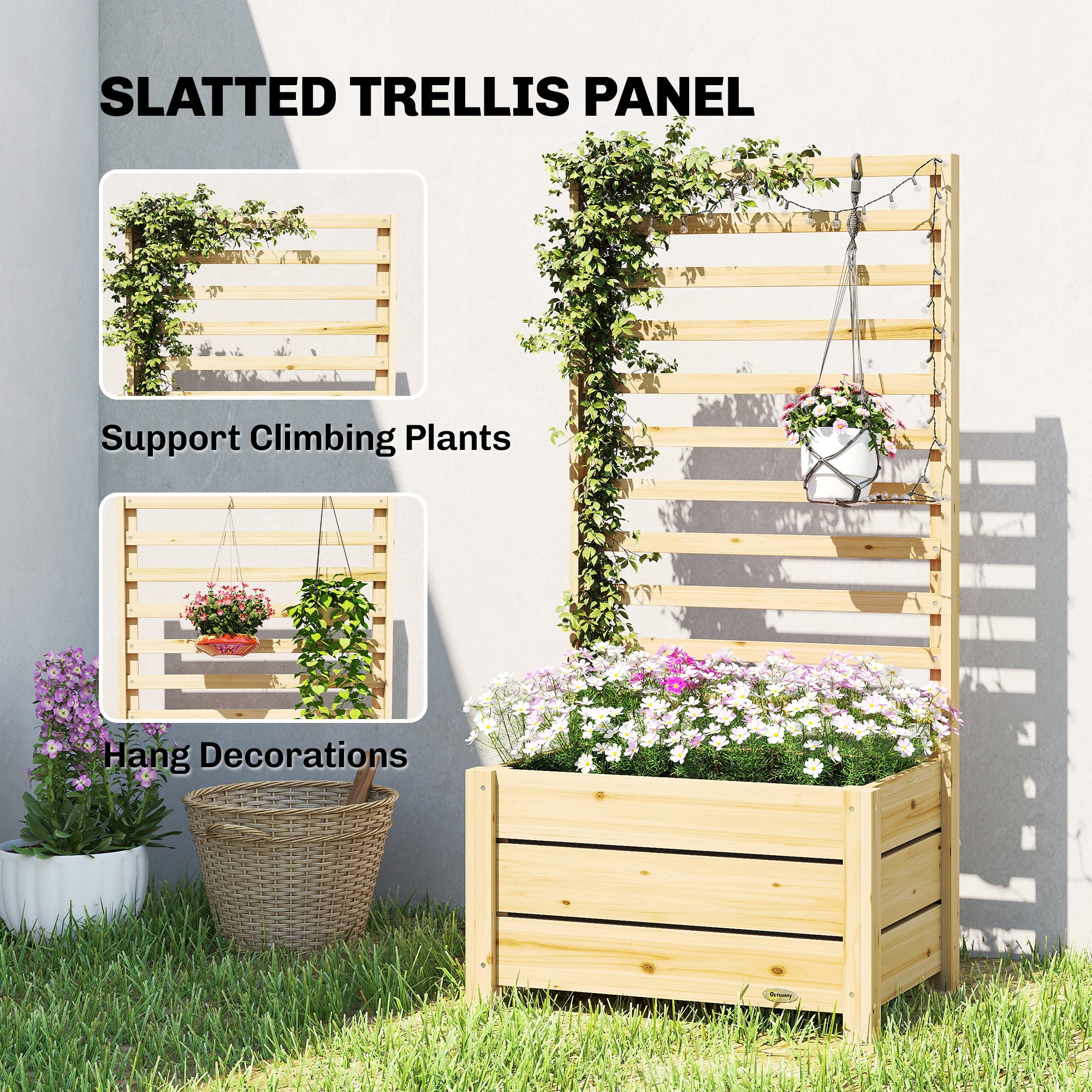Wooden Raised Garden Bed with Trellis, Outdoor Elevated Planter Box with Drainage Hole and Bed Liner