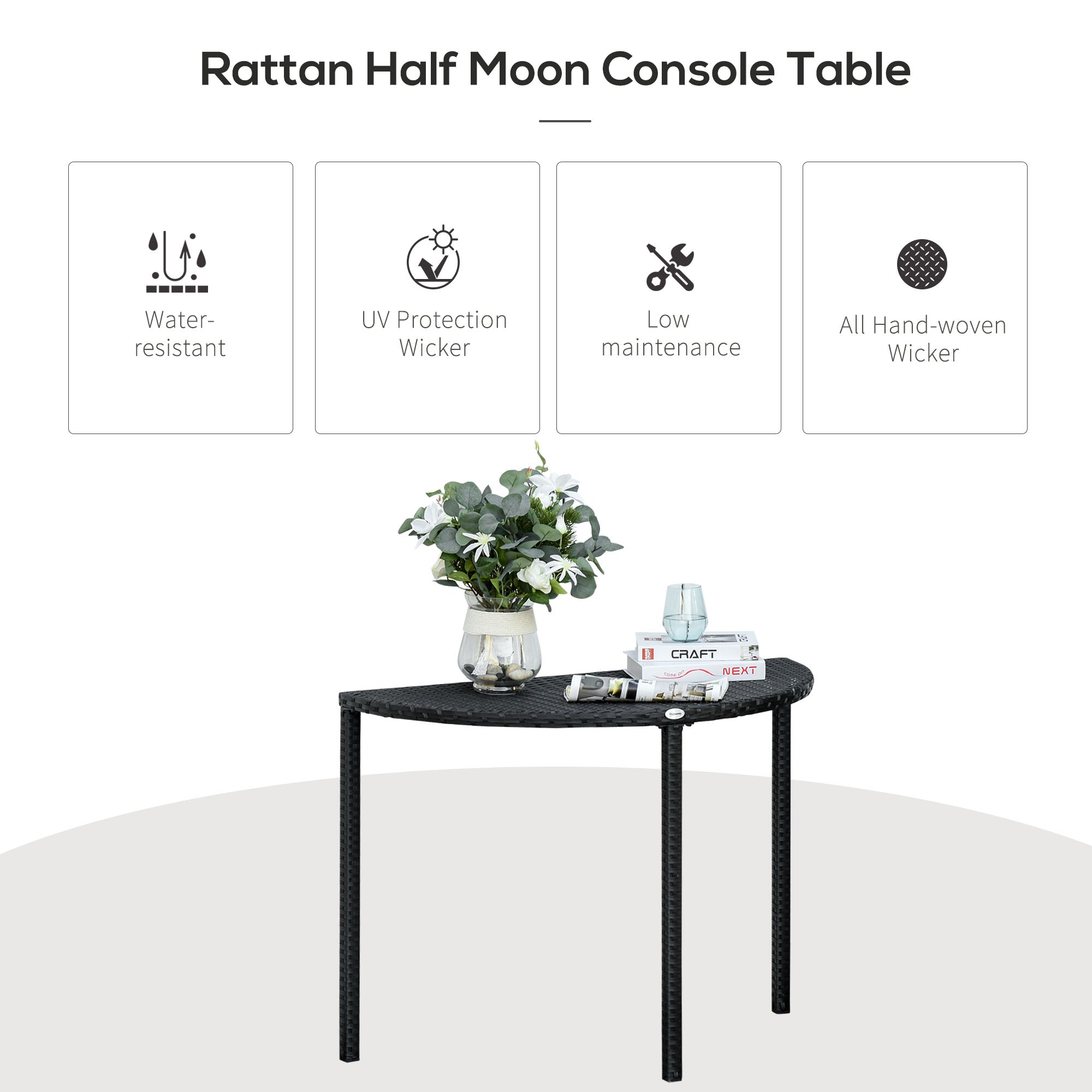Half Round Side Table, PE Rattan Coffee Table with Metal Frame for Patio, Garden, Balcony, Black